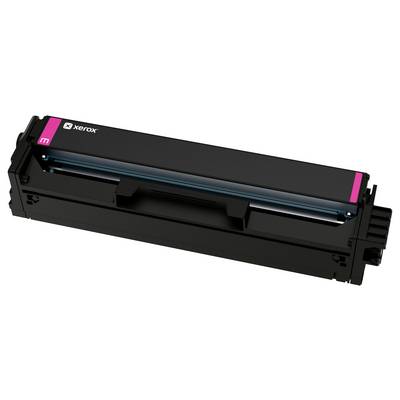 Černá tonerová kazeta Xerox s purpurovou etiketou a azurním ochranným pruhem, zobrazená na bílém pozadí.