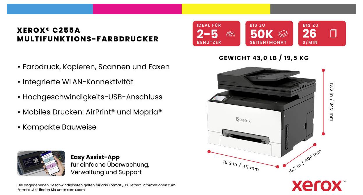 Xerox C255A multifunkční barevná tiskárna s funkcí kopírování, skenování, faxu, Wi-Fi, USB, mobilního tisku a kompaktním designem; rozměry a hmotnost jsou uvedeny.