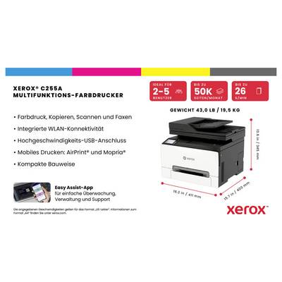 Xerox C255A multifunkční barevná tiskárna s funkcí kopírování, skenování, faxu, Wi-Fi, USB, mobilního tisku a kompaktním designem; rozměry a hmotnost jsou uvedeny.