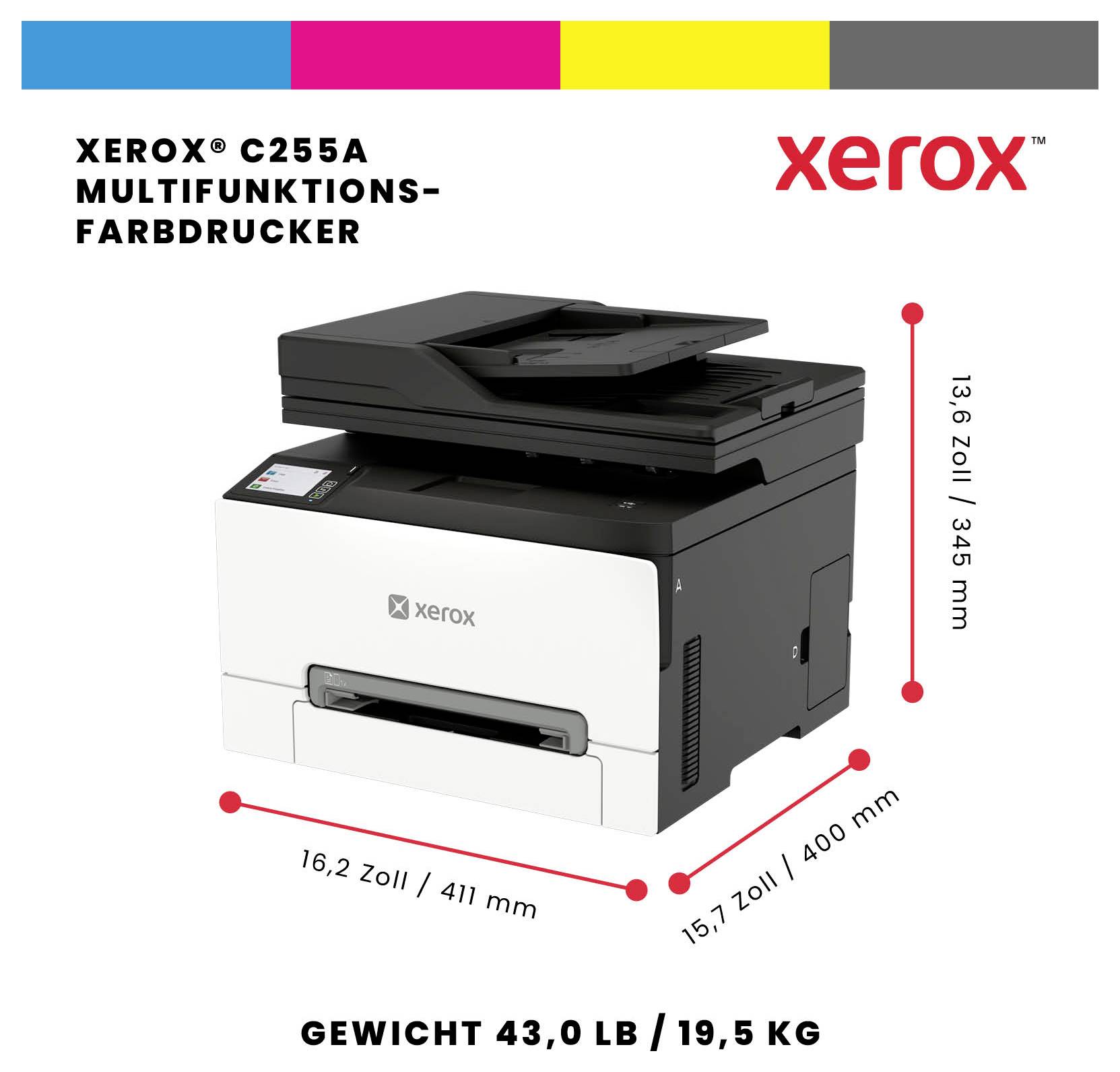Xerox C255A multifunkční barevná tiskárna zobrazená s rozměry 16,2 x 15,7 x 13,6 palců a hmotností 43,0 lb/19,5 kg.