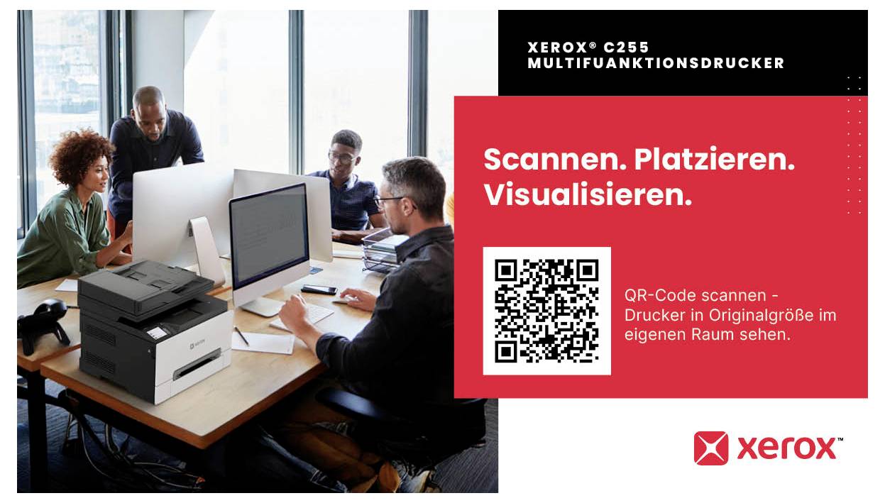 Xerox C255 multifunction printer reklama zobrazující tiskárnu v kanceláři zasedací místnosti s textem 'Skenovat. Umístit. Vizualizovat.' a QR kódem.