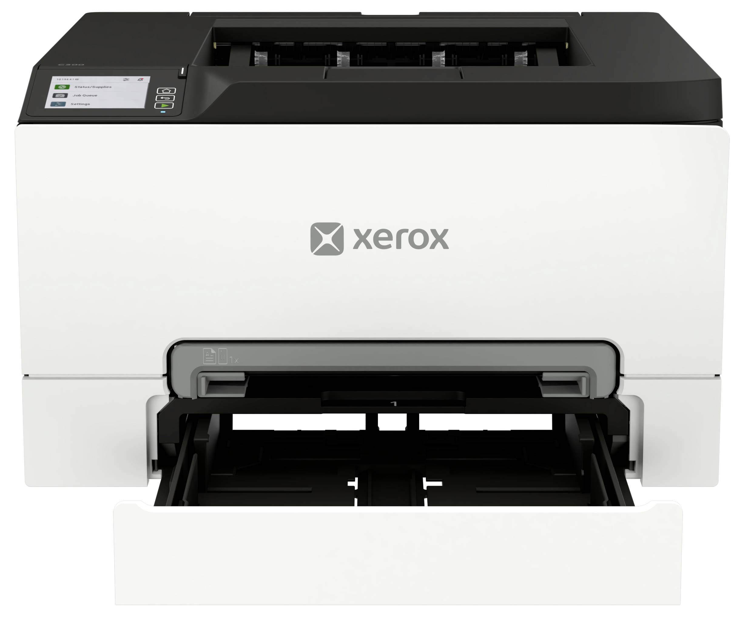Přední pohled na bílou laserovou tiskárnu Xerox s otevřenou výstupní zásuvkou a viditelným podavačem papíru.