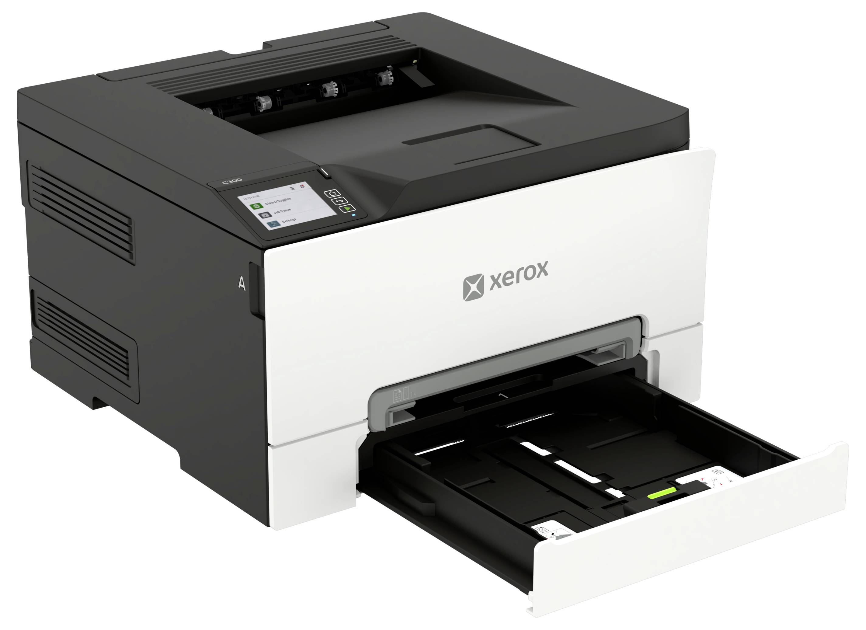 Tiskárna Xerox s laserem s otevřenou přední zásobníkem papíru na bílém pozadí.