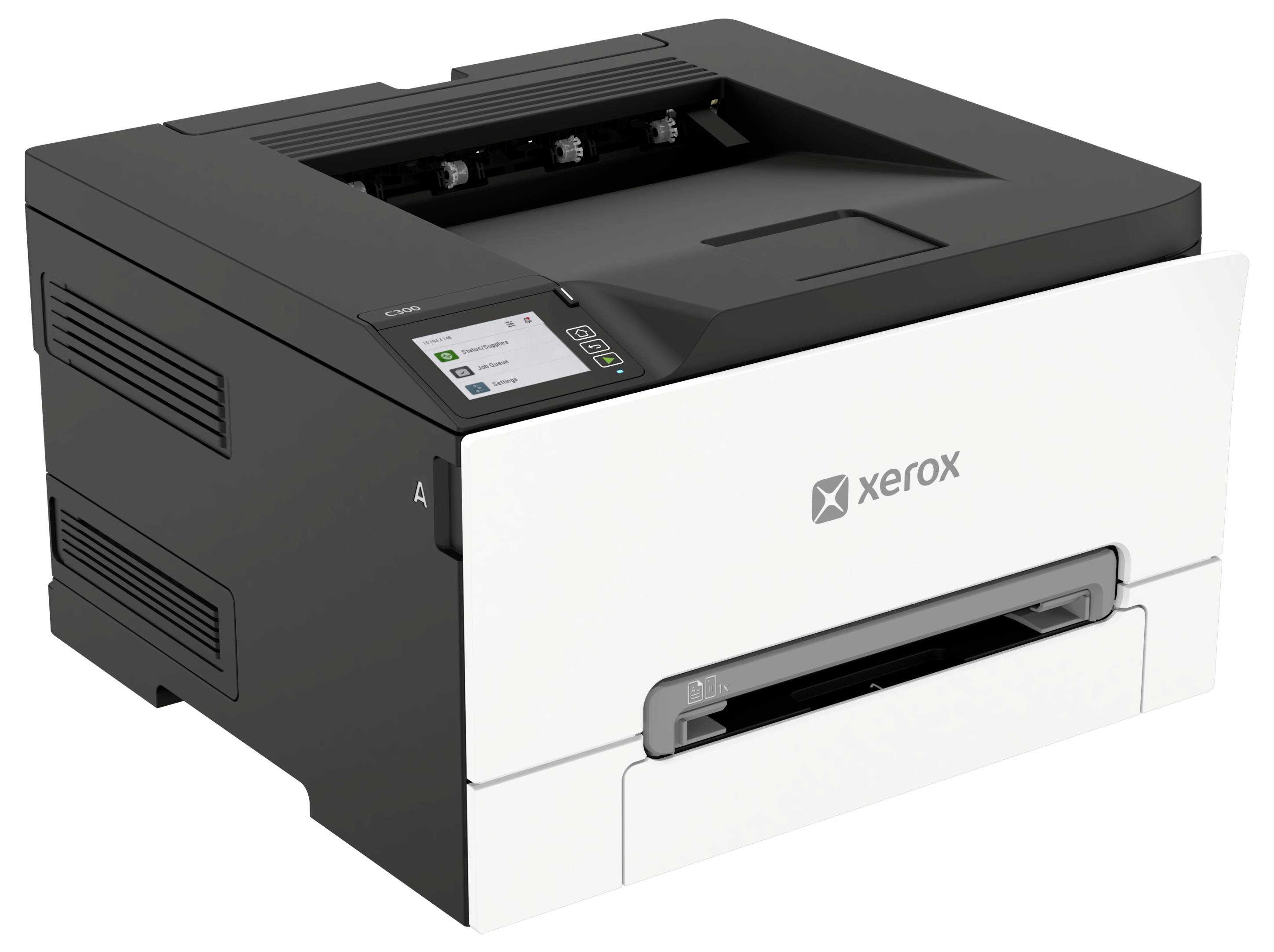 Tiskárna Xerox s desktopovým laserovým tiskem s výstupní zásobníkem papíru a předním ovládacím panelem, zobrazena v černé a bílé barvě.