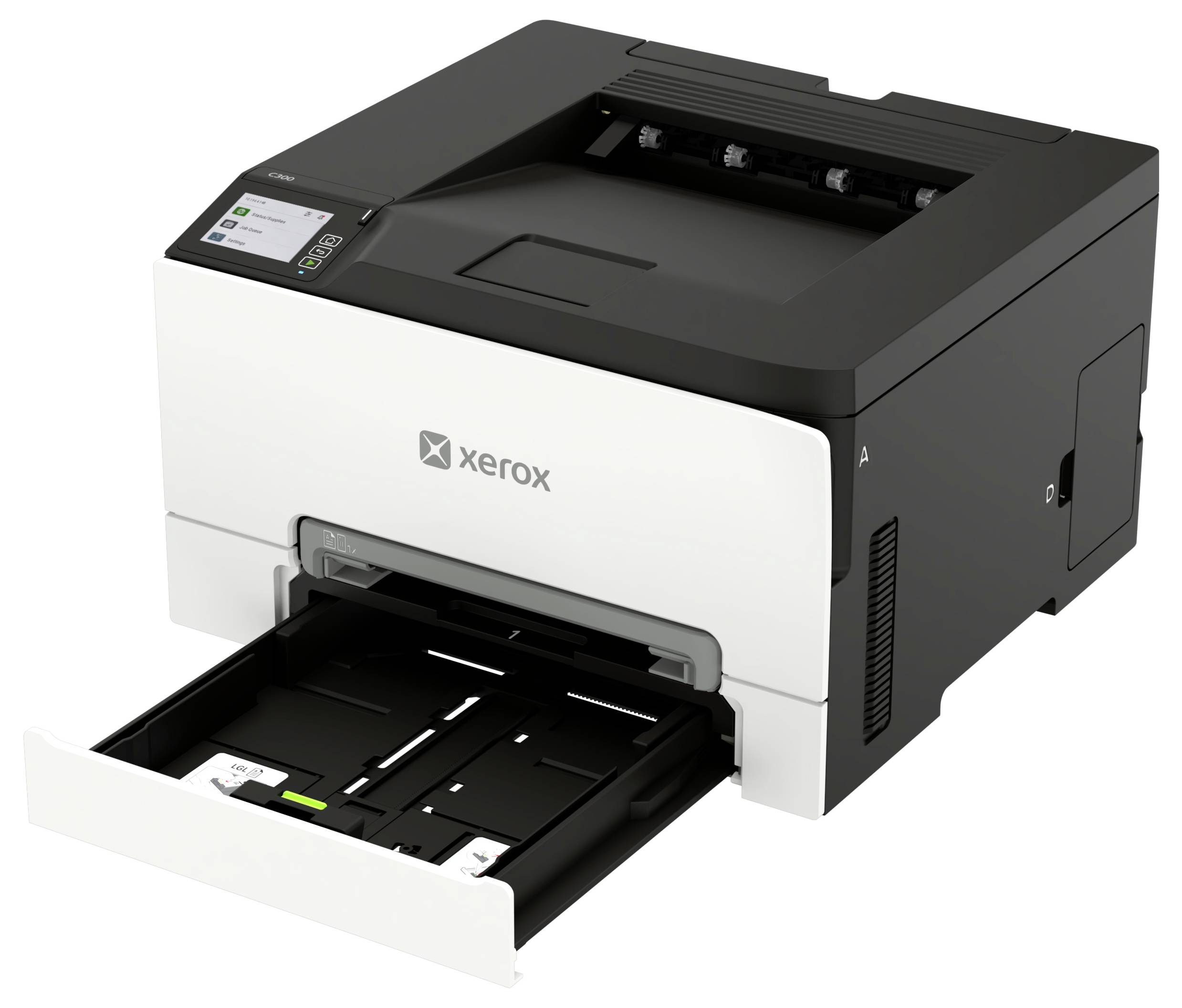 Laserová tiskárna Xerox s rozevřenou podavací zásuvkou na papír.