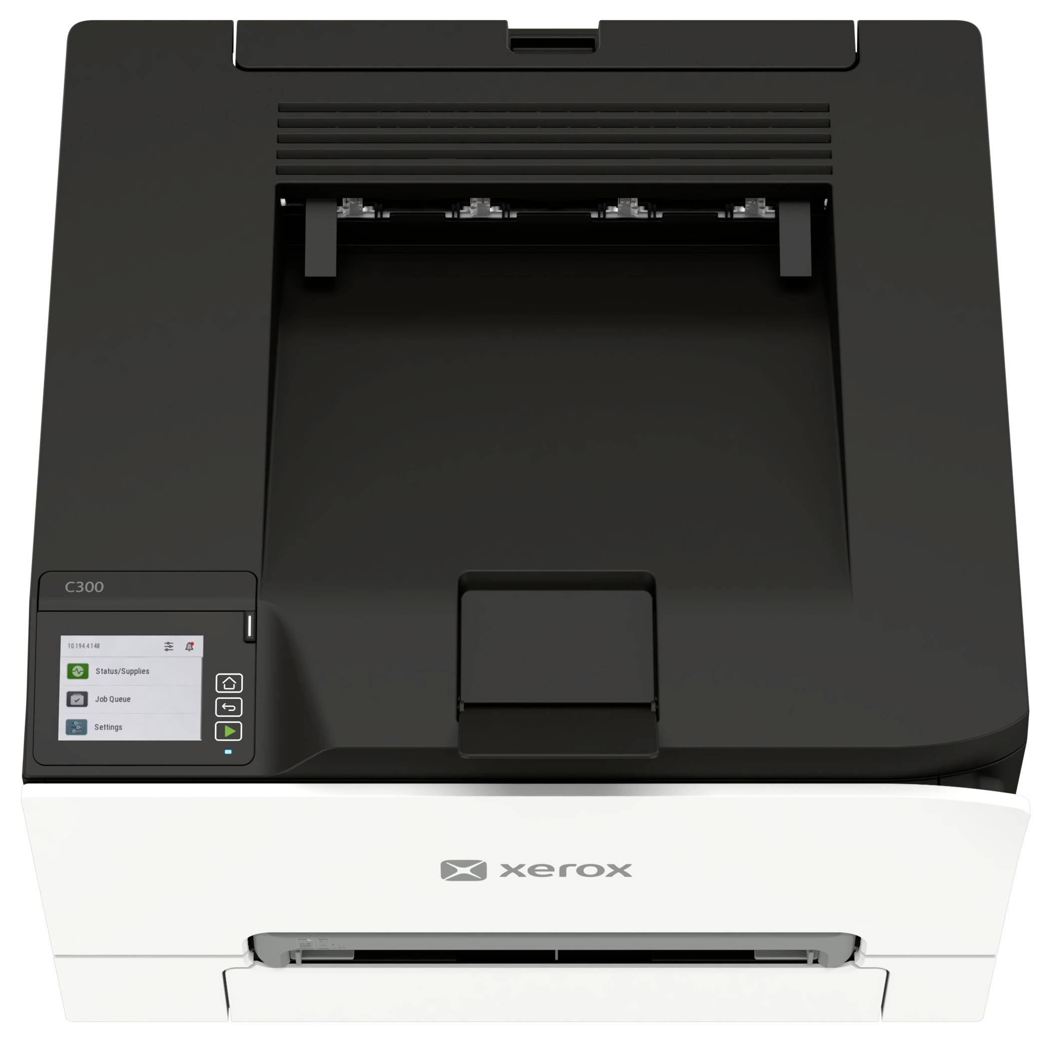 Přední pohled na tiskárnu Xerox C300 s ovládacím dotykovým displejem a výstupní zásobníkem papíru.