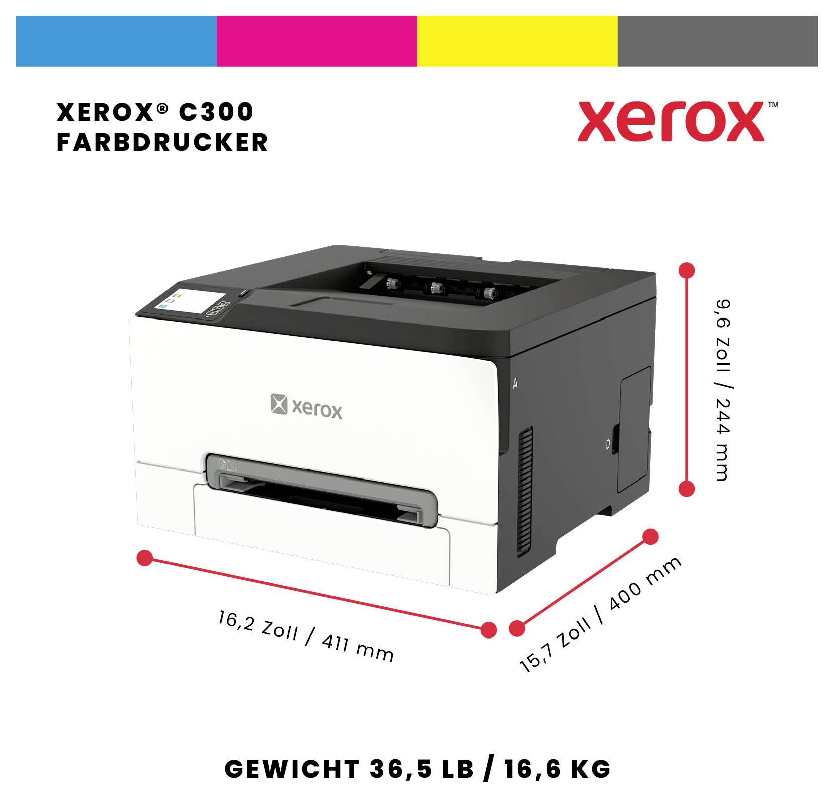 Tiskárna Xerox C300 v barvě zobrazená s rozměry 16,2 x 15,7 x 9,6 palců a hmotností 36,5 lb (16,6 kg).