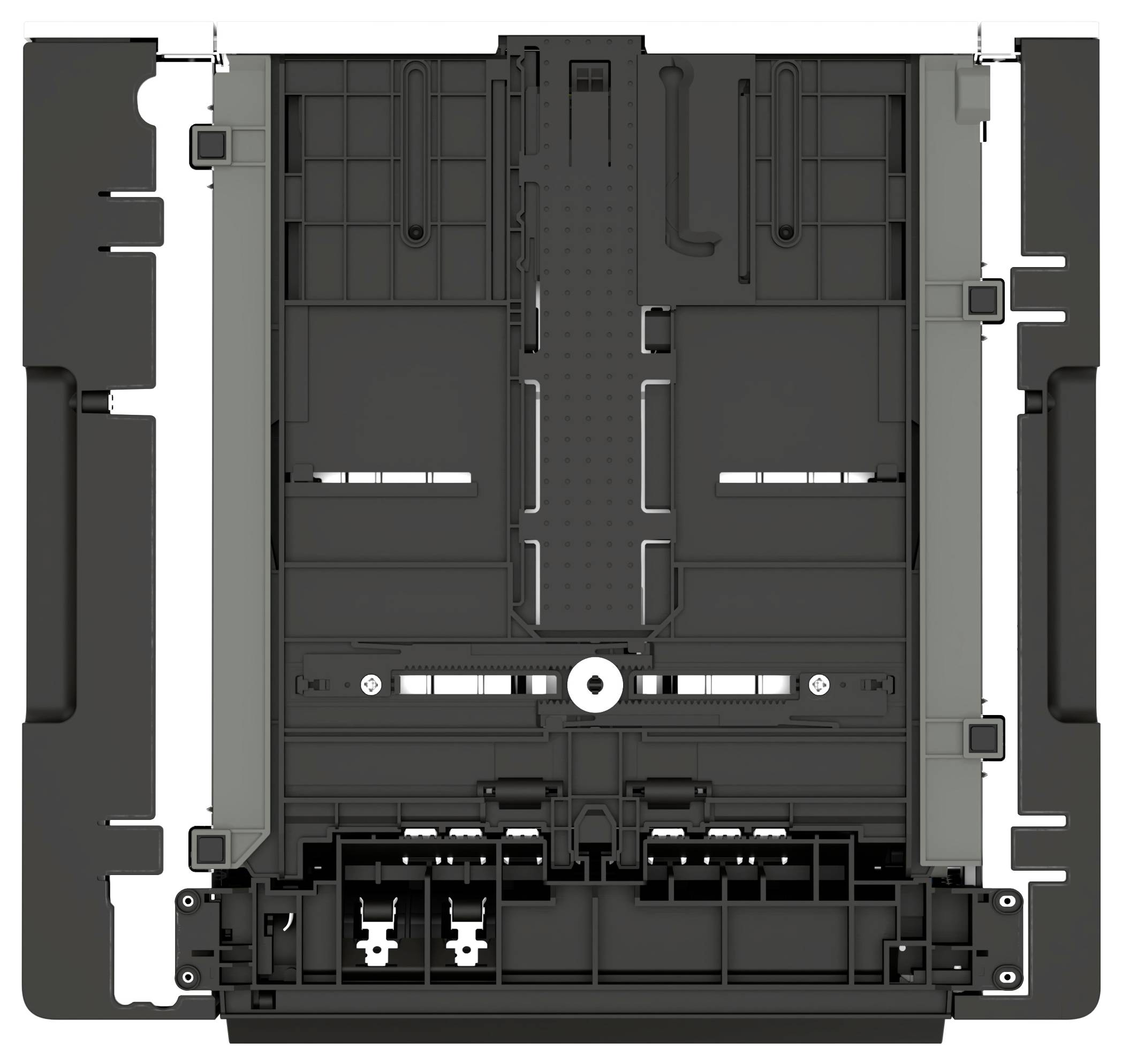 Pohled shora na černou plastovou skříň elektronického zařízení nebo panel s vnitřními drážkami, montážními body a otvory pro konektory.