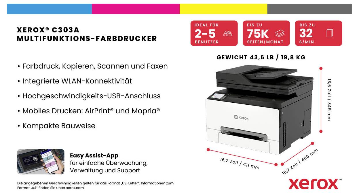 Xerox C303A multifunkční barevná tiskárna se kopírkou, skenerem a faxem; Wi-Fi a USB, mobilní tisk, kompaktní design, rozměry a hmotnost jsou uvedeny.
