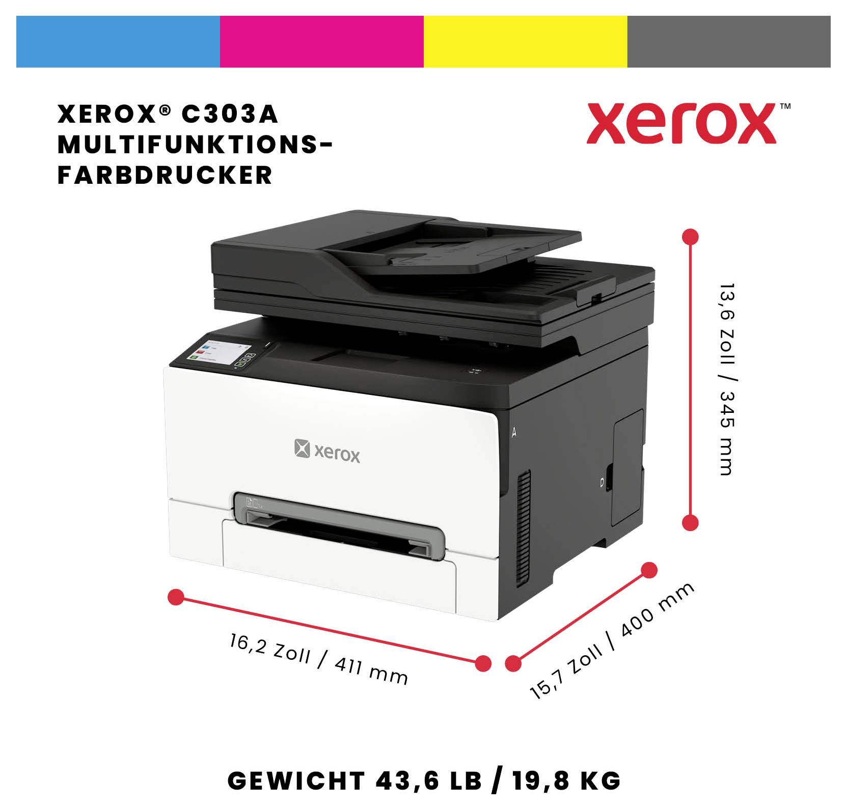Xerox C303A multifunkční barevná tiskárna zobrazena s rozměry 16,2 x 15,7 x 13,6 palců a hmotností 43,6 lb/19,8 kg.
