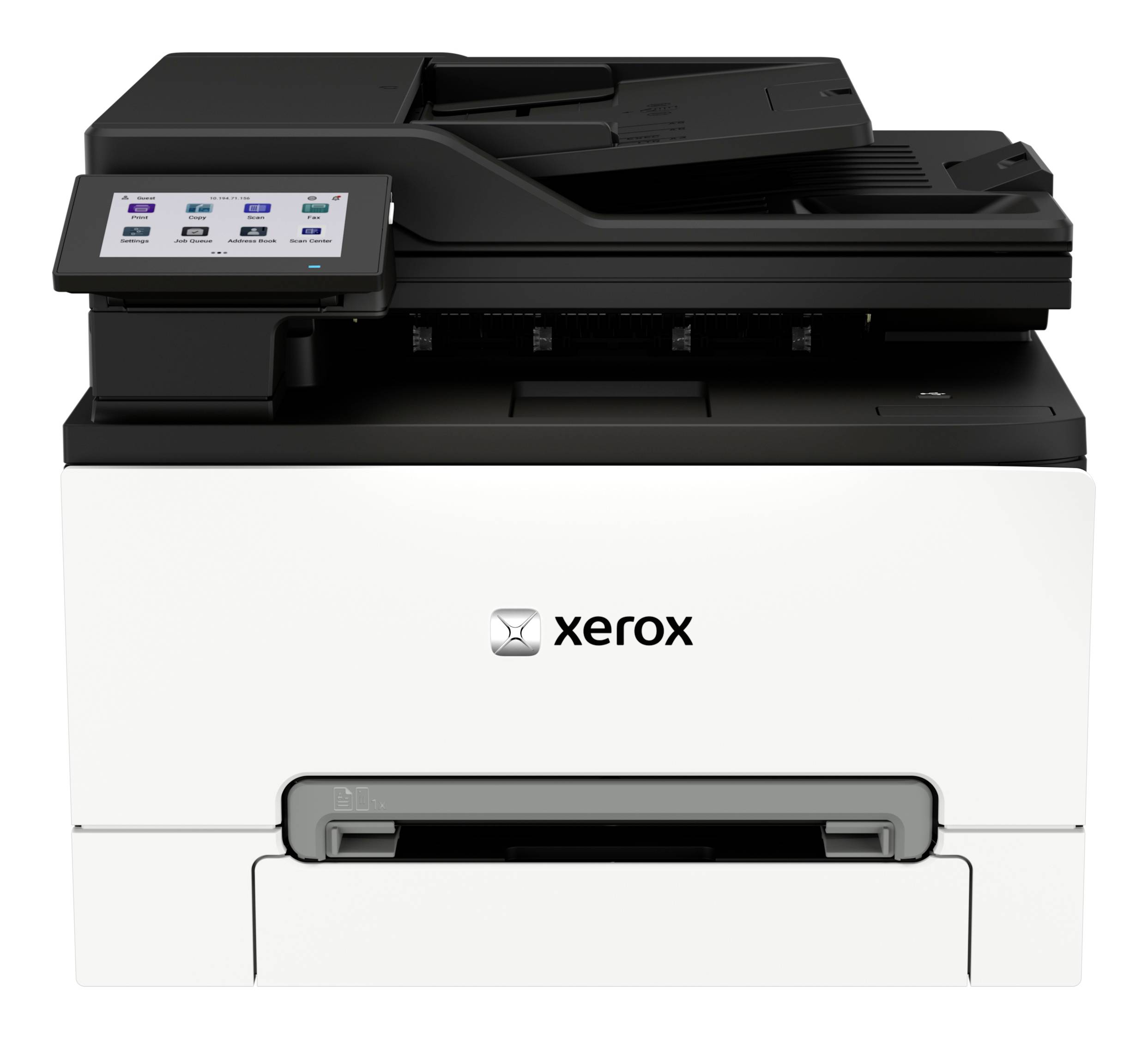 Xerox multifunkční tiskárna s dotykovým ovládacím panelem a předním podavačem papíru