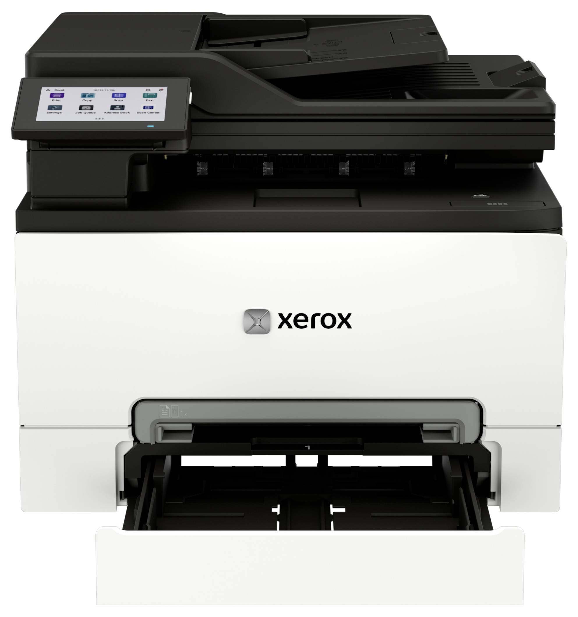 Tiskárna/kopírka Xerox s funkcí multifunction, dotykový ovládací panel a otevřená výstupní taca na papír.