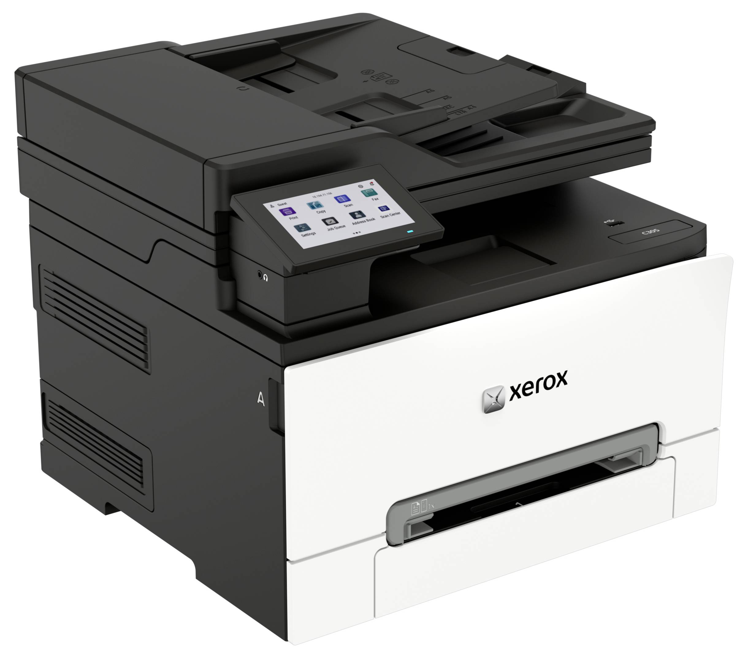 Multifunkční tiskárna Xerox s ovládacím panelem s dotykovým displejem a zásobníkem papíru, zobrazená v tříčtvrtinové perspektivě na bílém pozadí.