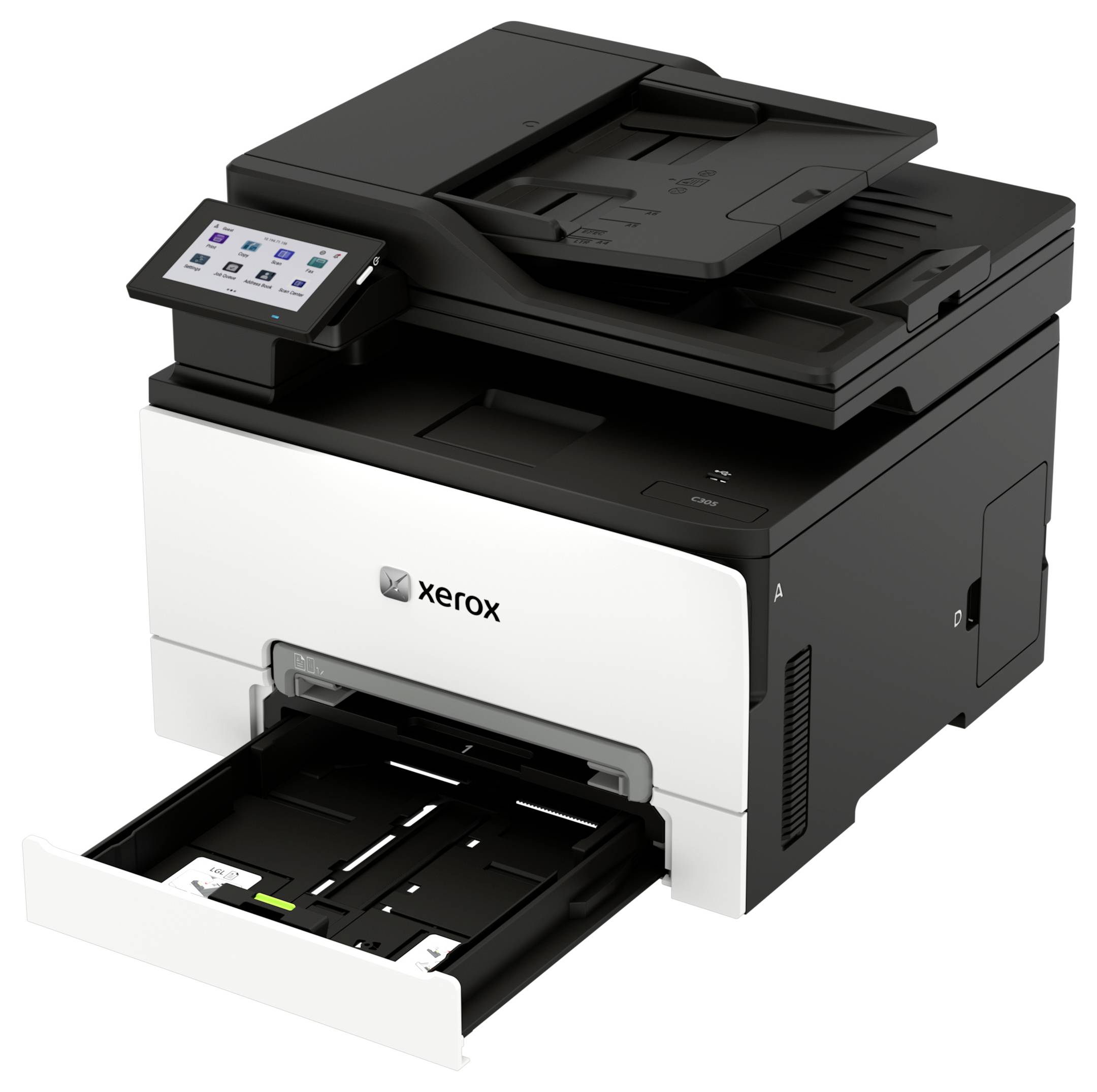 Multifunkční tiskárna Xerox s dotykovou ovládací deskou a otevřenou podavačem papíru, zobrazená na bílém pozadí.