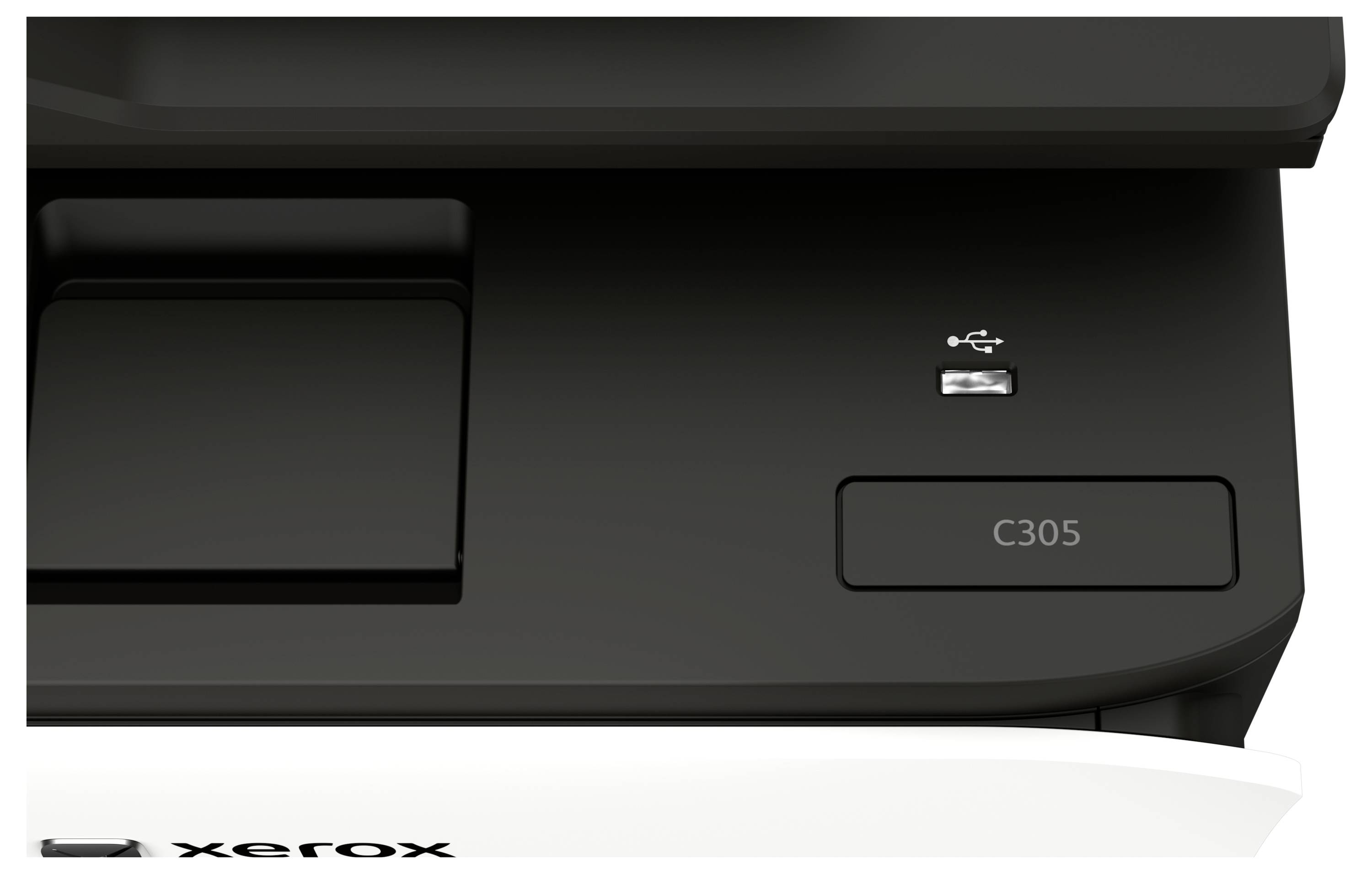 Detailní pohled na ovládací panel tiskárny Xerox s podavačem papíru a označením modelu "C305".