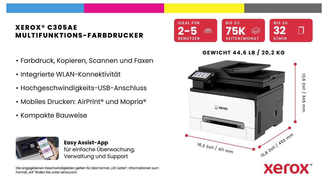 Xerox C305AE multifunkční barevná tiskárna - inzerát zobrazující funkce kopírování, skenování a faxu, připojení WLAN a USB, mobilní tisk, kompaktní rozměry a technické údaje.