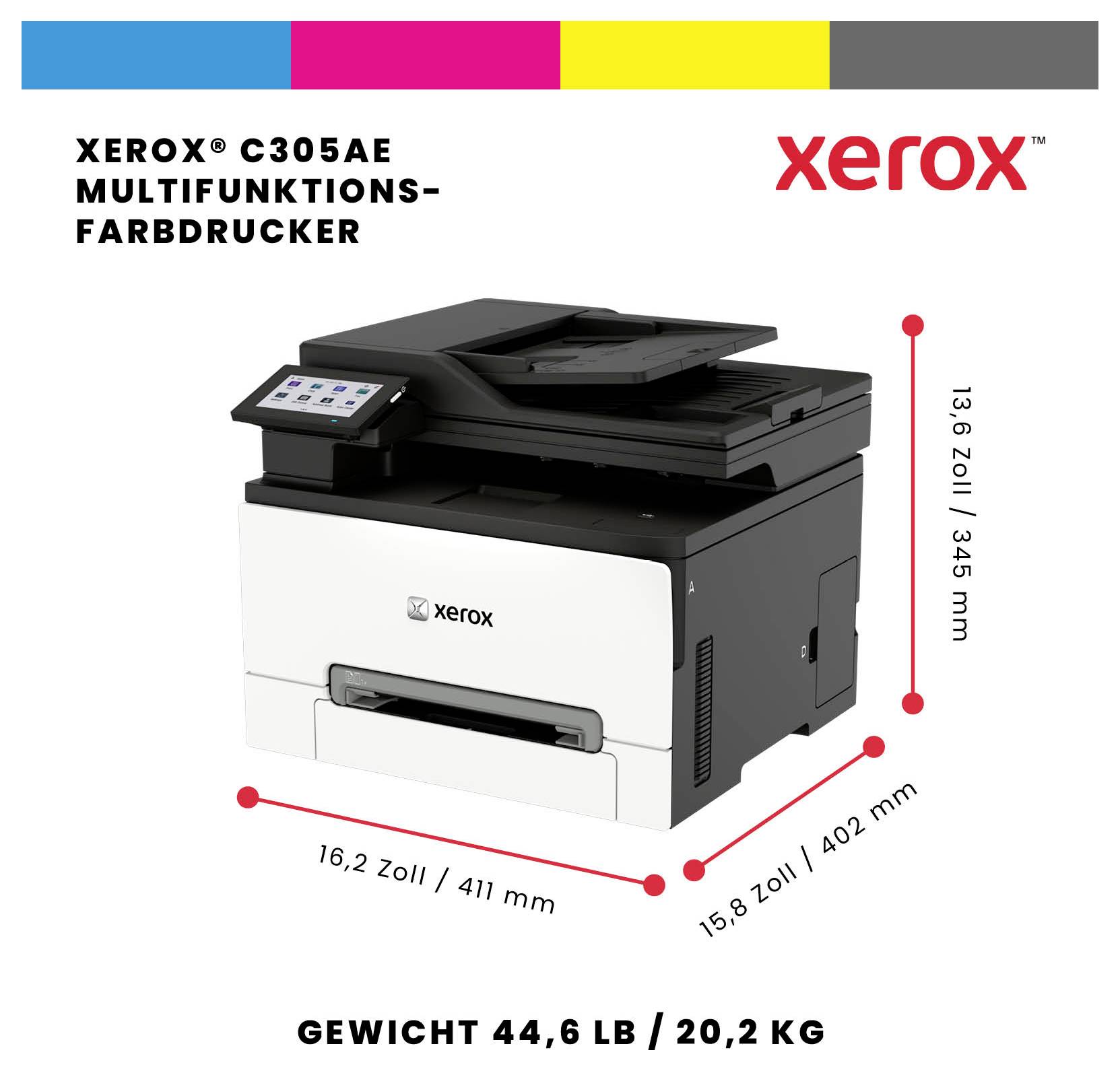 Multifunkční barevná tiskárna Xerox C305A.E s rozměry 16,2 x 15,8 x 13,6 palců a hmotností 44,6 lb/20,2 kg.