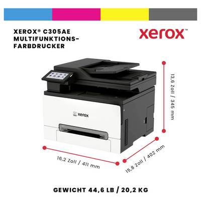 Multifunkční barevná tiskárna Xerox C305A.E s rozměry 16,2 x 15,8 x 13,6 palců a hmotností 44,6 lb/20,2 kg.