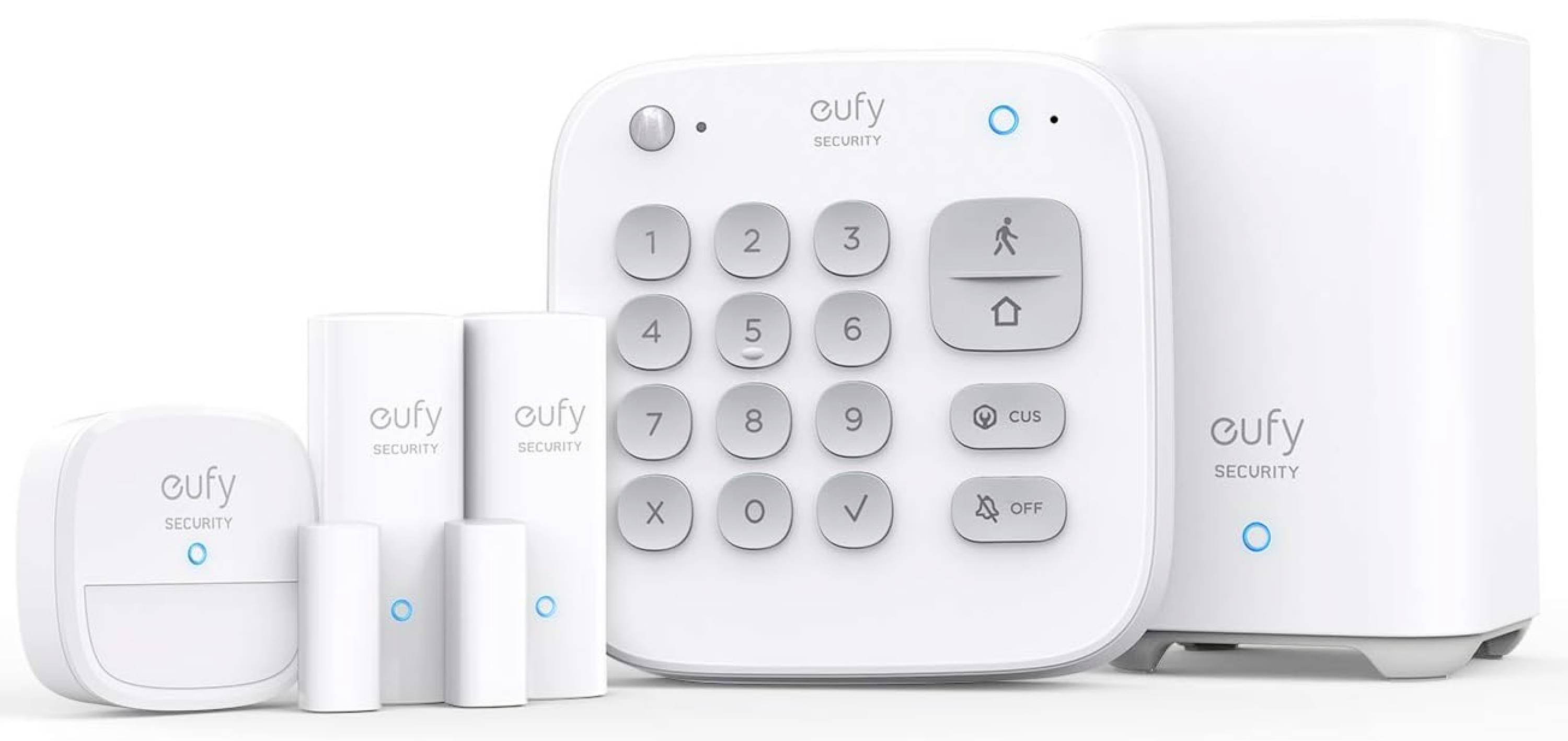 Sada domácího bezpečnostního systému Eufy Security s klávesnicí hub, sirénou, senzory a detektorem pohybu zobrazená na bílém pozadí
