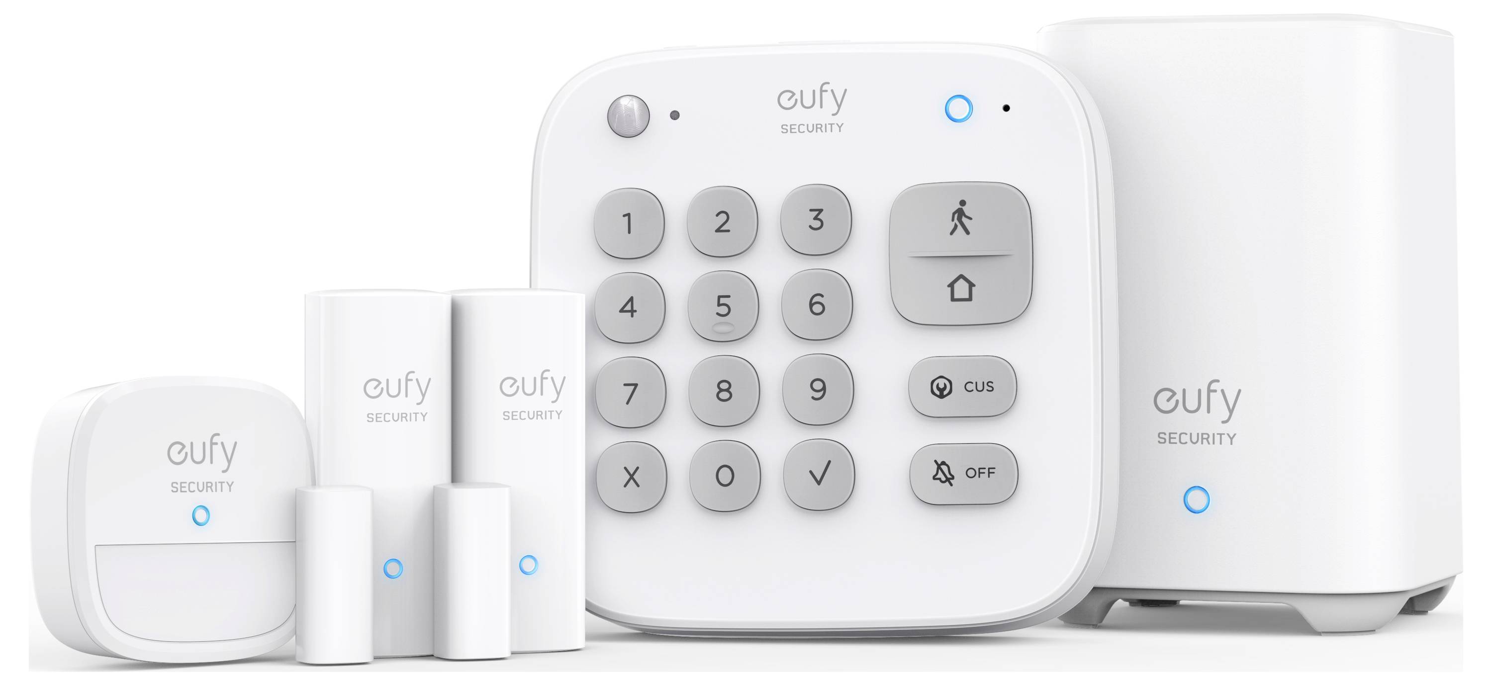 Systém domácího alarmu Eufy Security s klávesnicí hub, senzorem pohybu, senzory kontaktu a základnovou stanicí zobrazené na bílém pozadí.