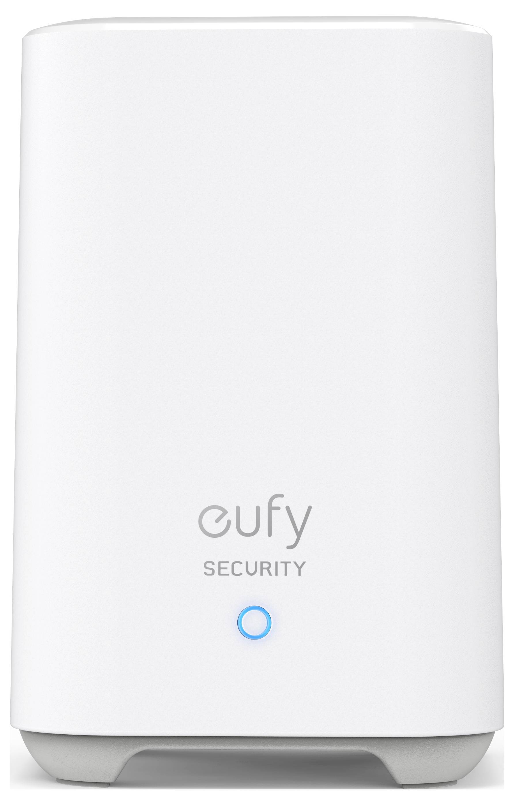 Bílé zařízení Eufy Security do domácnosti s malým modrým stavovým indikátorem na přední straně.