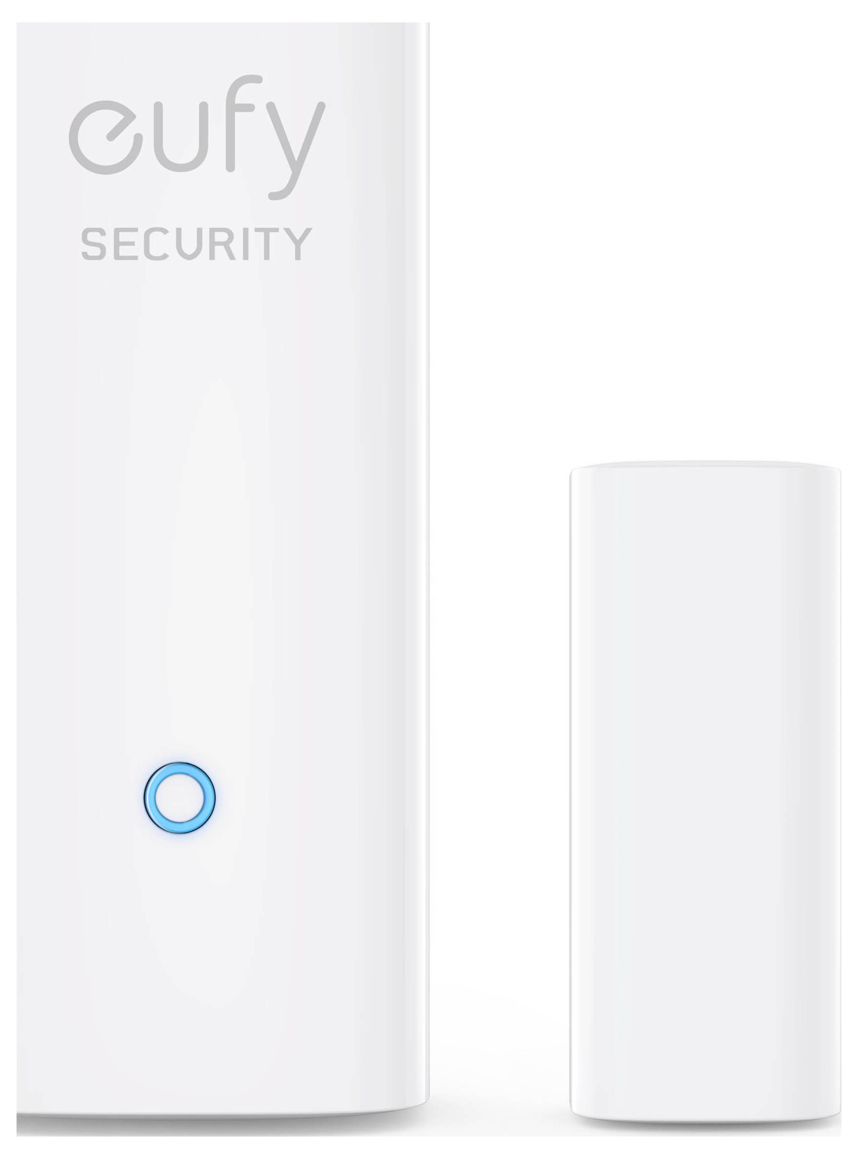 Dvě bílá inteligentní bezpečnostní zařízení Eufy Security pro chytrou domácnost, vysoká hlavní jednotka s modrě osvětleným tlačítkem a menší senzor vedle ní.