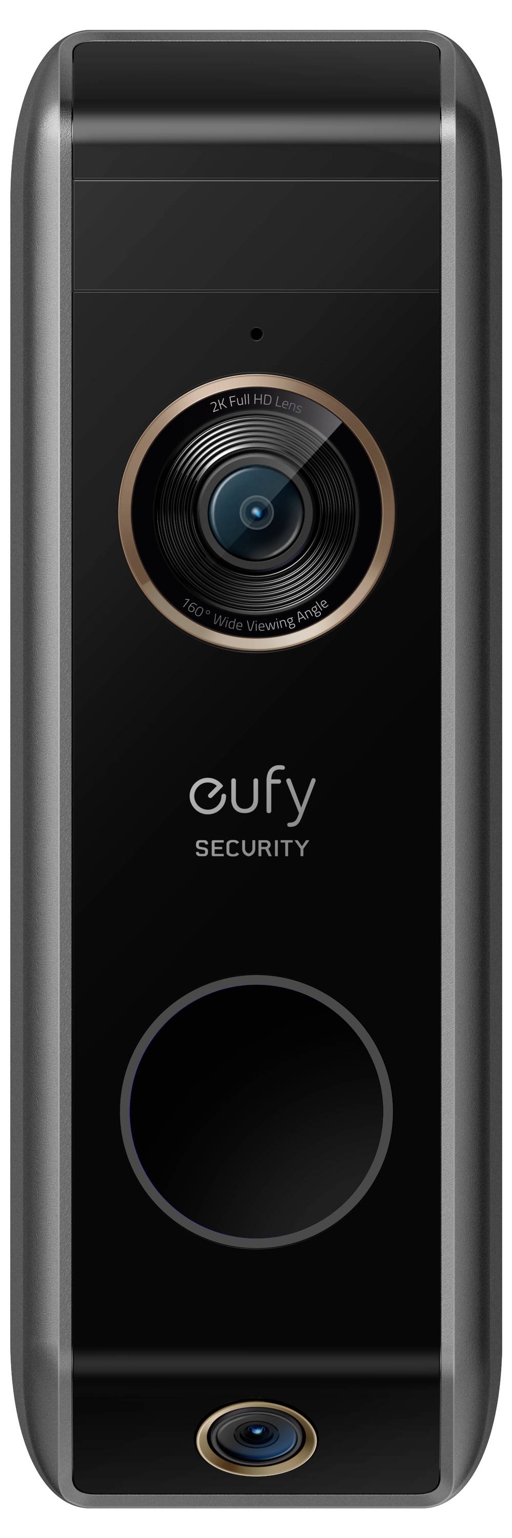 Černý videozvonek Eufy Security s čočkou uprostřed, snímačem pohybu dole a značkou eufy blízko spodní části.