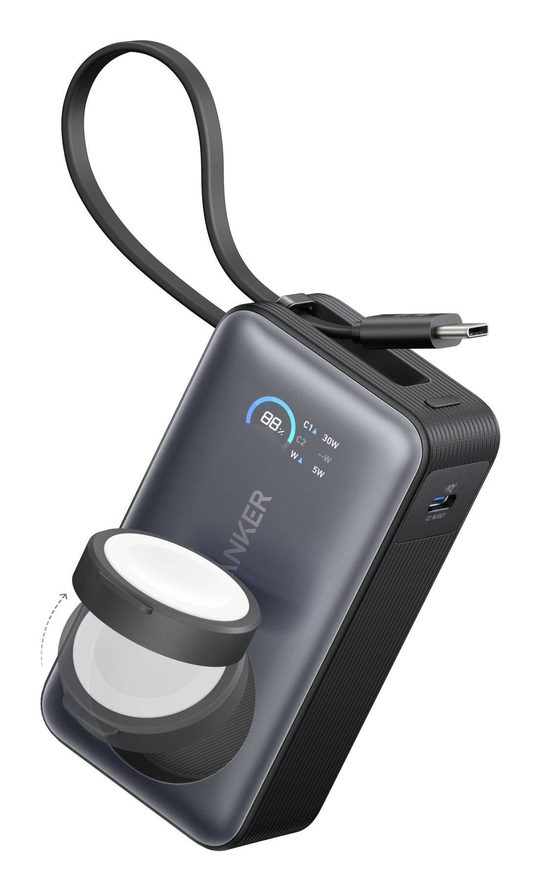 Přenosná powerbanka s digitálním zobrazením kapacity baterie a zabudovanou LED lucernou, zobrazena s připojeným kabelem USB.