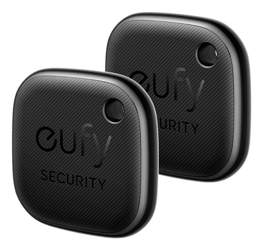 Dva černé sledovací štítky Eufy Security se zaoblenými čtvercovými pouzdry a tlačítky v pravém horním rohu, zobrazené překrývajícím se na bílém pozadí.