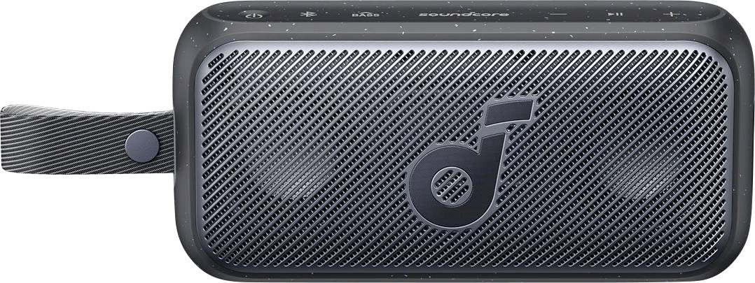 Přenosný černý Bluetooth reproduktor s textilní mřížkou a postranním páskem, zobrazený zepředu na bílém pozadí.