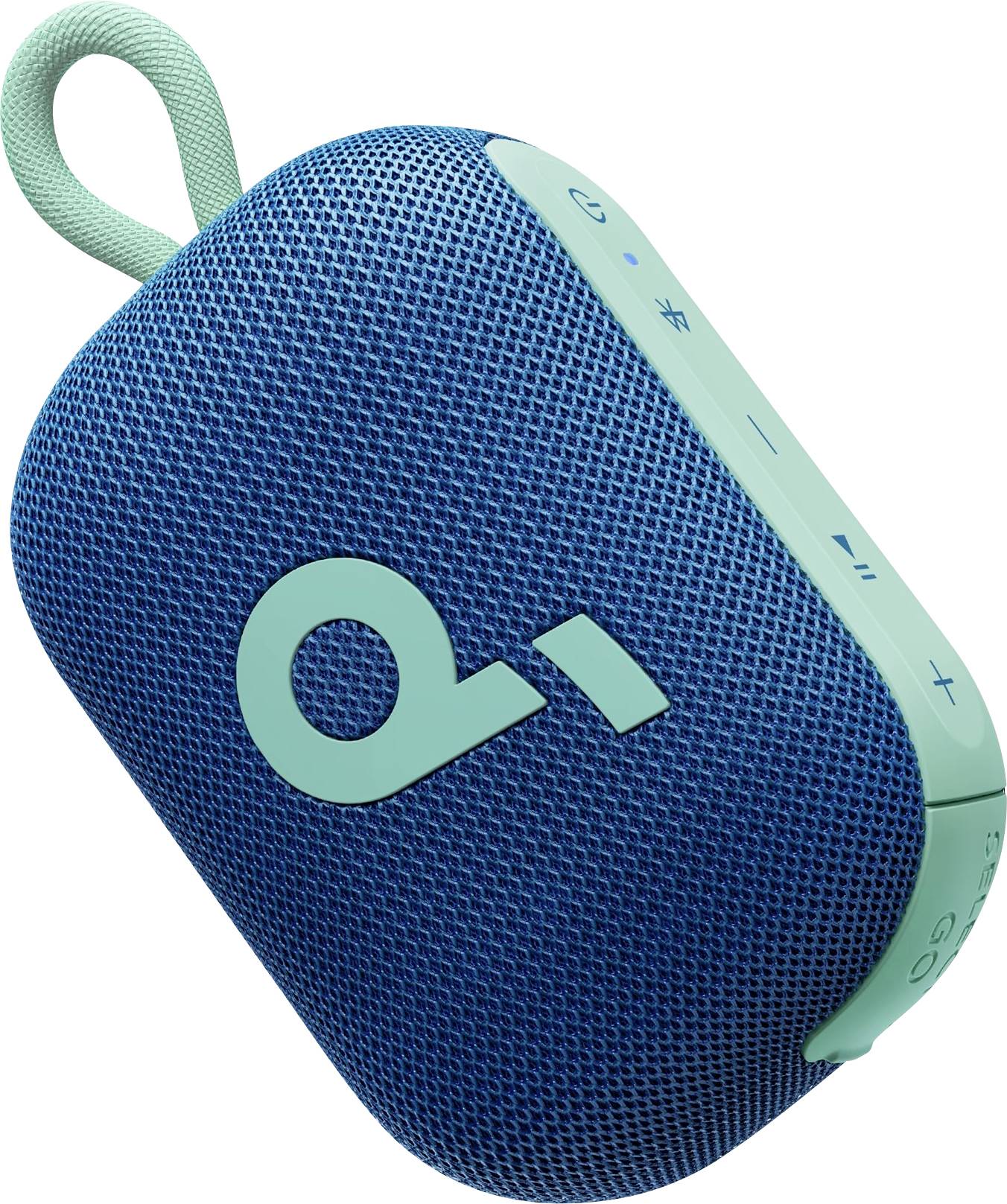 Přenosný Bluetooth reproduktor v modré a petrolejové barvě se smyčkou na nošení a ovládacími tlačítky na straně.