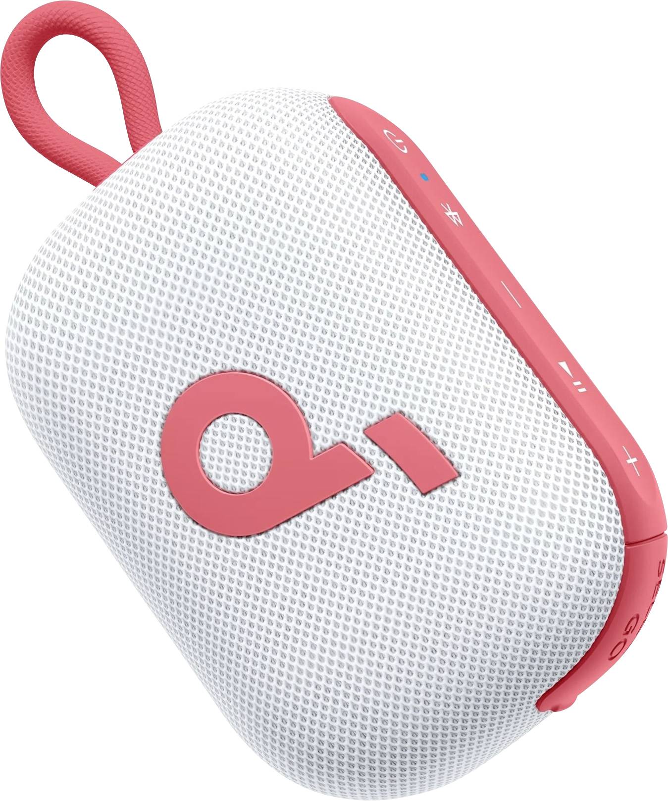Přenosný bílý Bluetooth reproduktor s korálově růžovým lemováním, smyčkovým madlem a ovládáním hlasitosti na straně.
