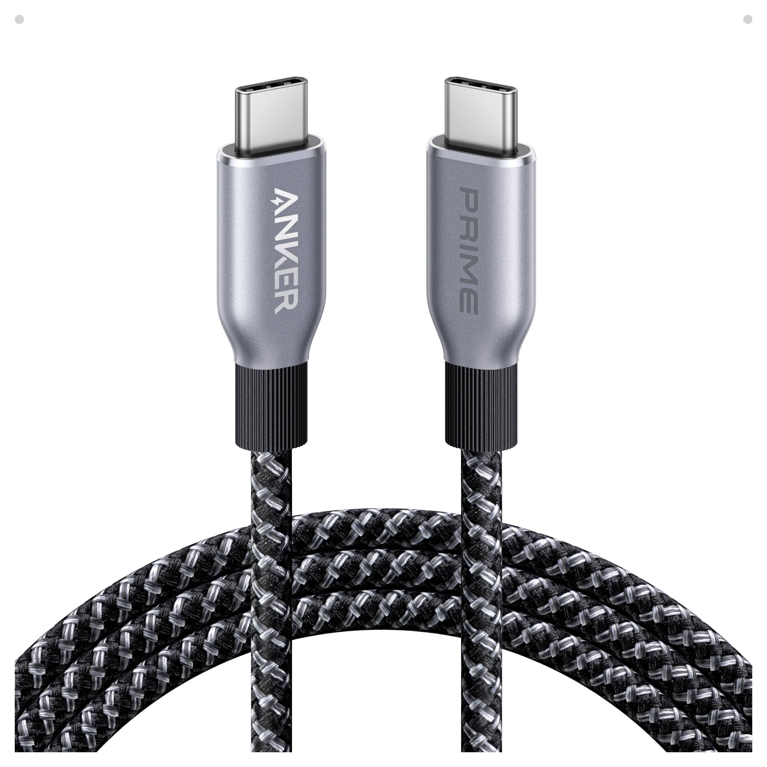Dva vrubované kabely USB-C pro nabíjení se šedými konektory Anker a Prime na bílém pozadí.