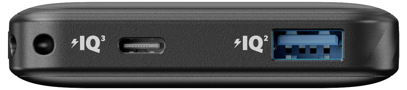 Přední pohled na zařízení se dvěma USB porty označenými iQ3 vlevo a iQ2 vpravo.
