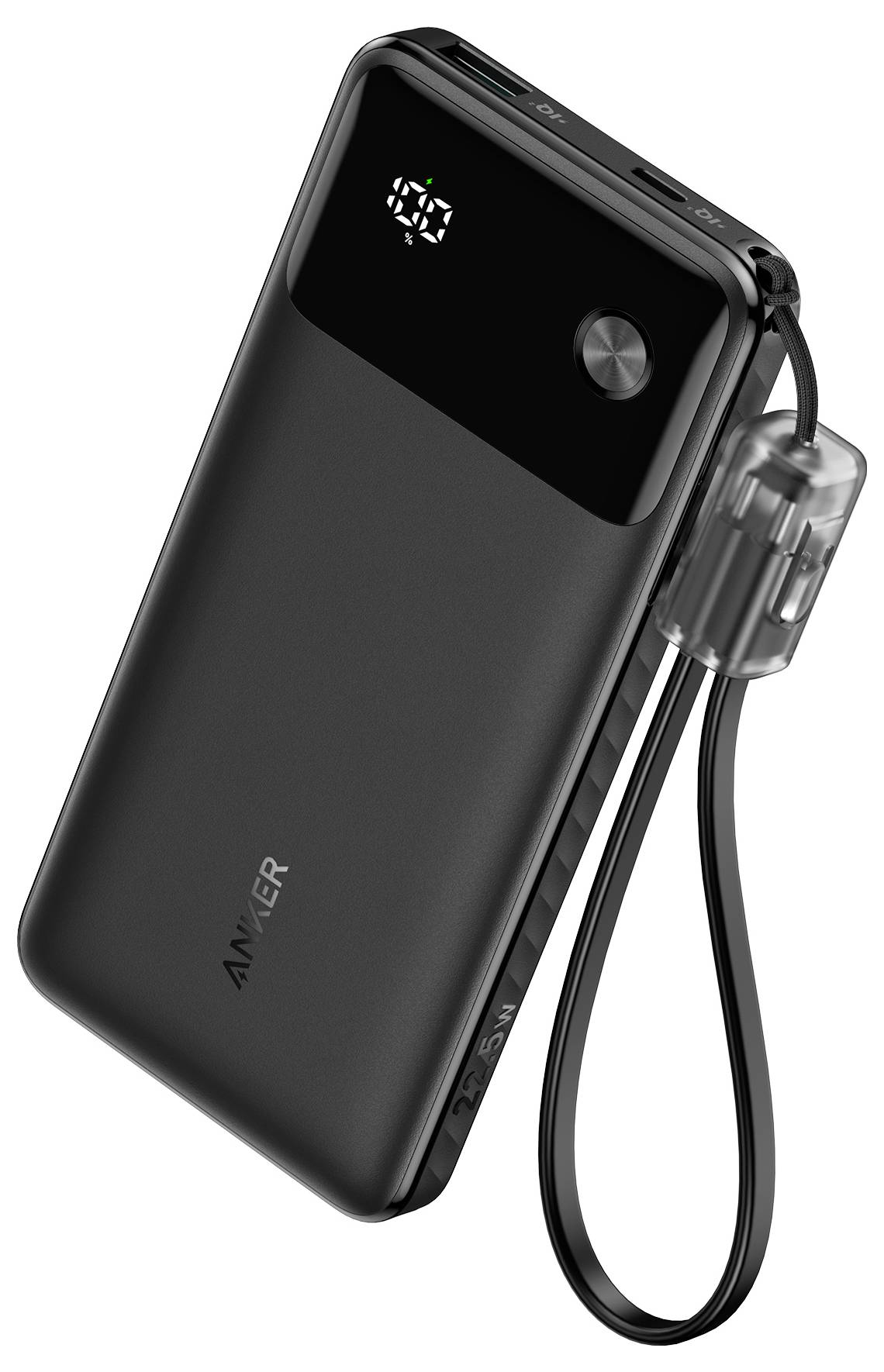 Černá přenosná powerbank Anker s digitálním displejem baterie, tlačítkem napájení a připevněným páskem na zápěstí na bílém pozadí.