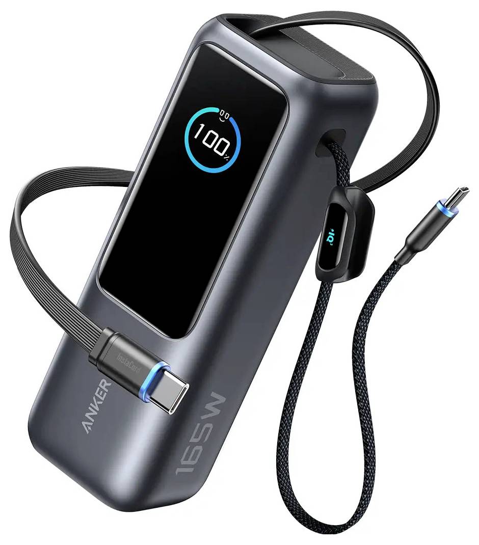 Anker přenosná nabíječka 165W s digitálním displejem baterie a integrovanými kabely pro nabíjení.