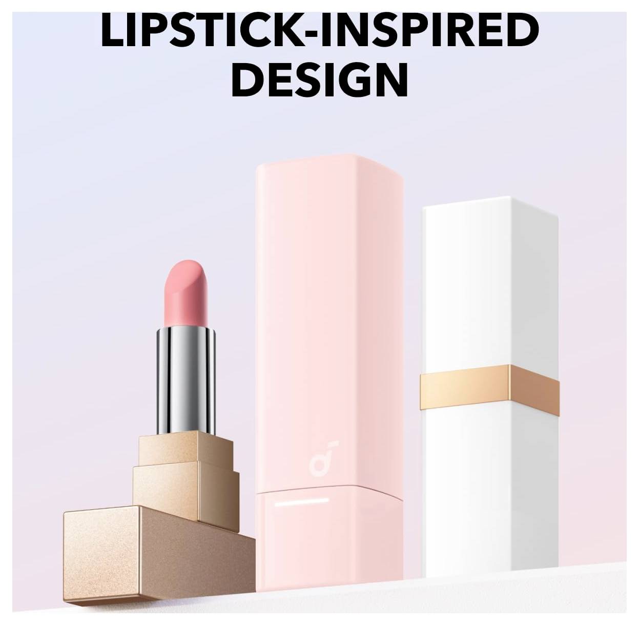 Grafika s názvem "DESIGN INSPIROVANÝ RTĚNKOU" zobrazující růžovou rtěnku vedle odpovídajícího kosmetického balení v pastelově růžové, bílé a rose gold barvě.