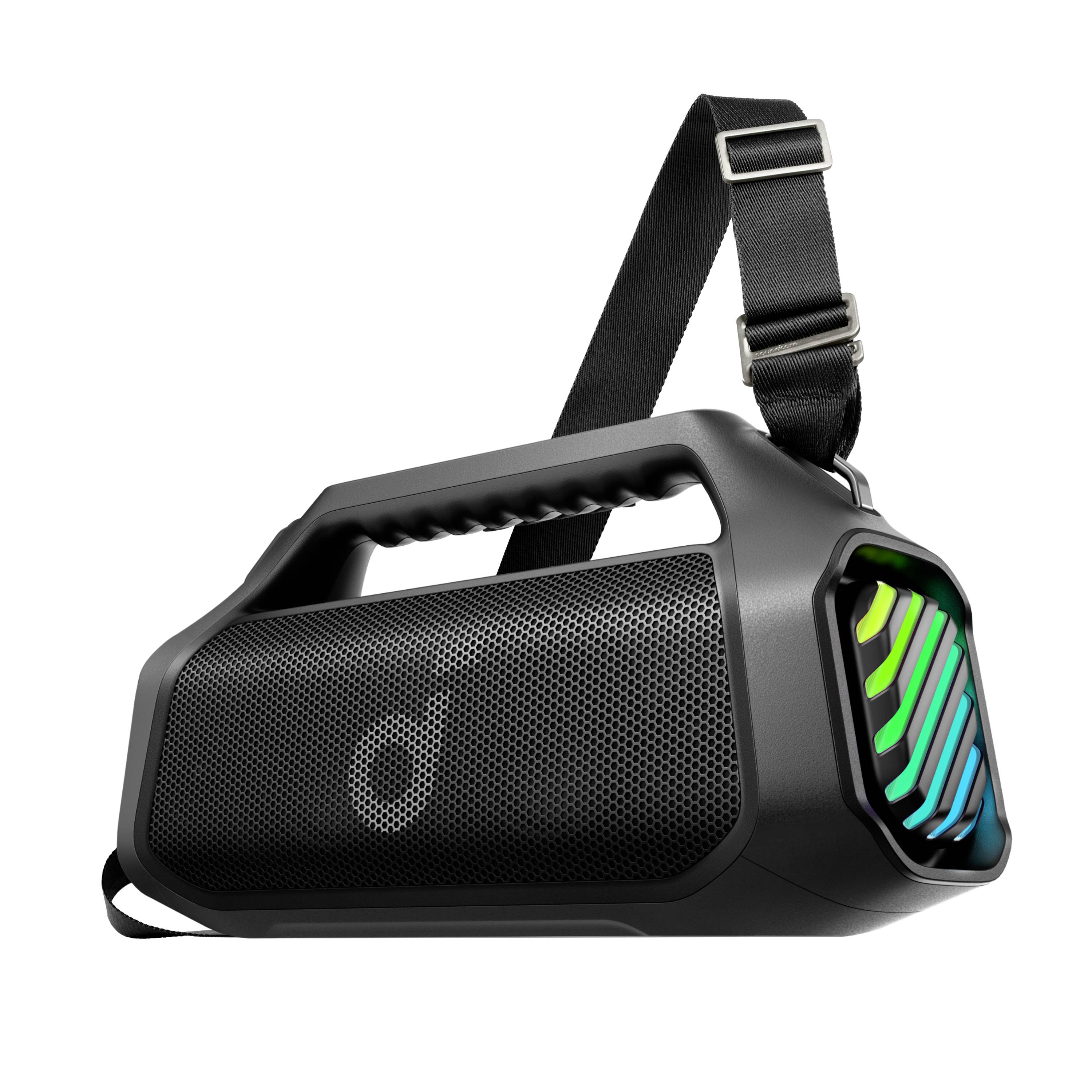 Přenosný černý Bluetooth reproduktor s popruhem přes rameno a RGB světelnými akcentami na boku