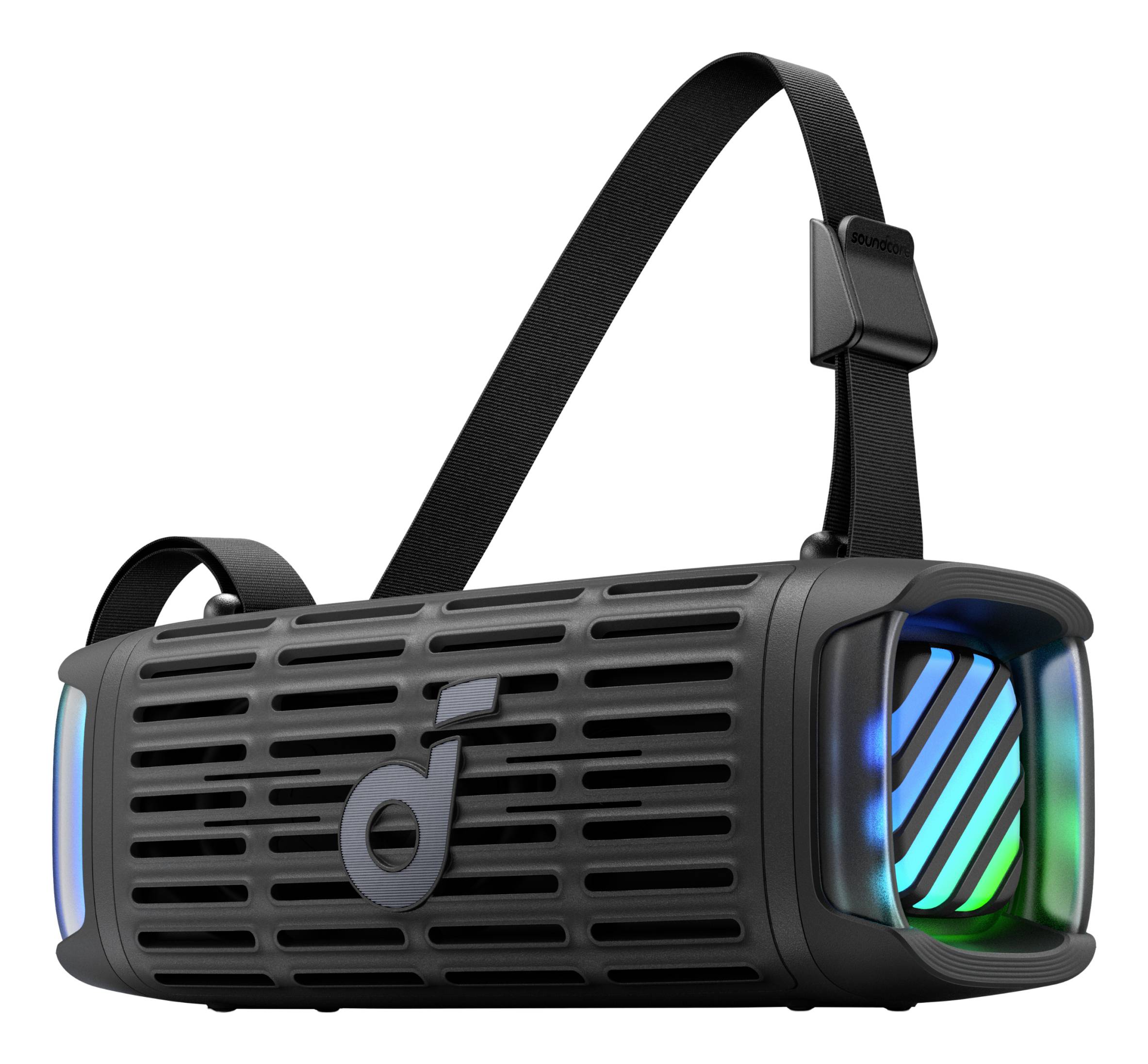 Přenosný černý reproduktor s technologií Bluetooth, popruhem přes rameno a svítícím modro-zeleným designem přední mřížky na bílém pozadí.