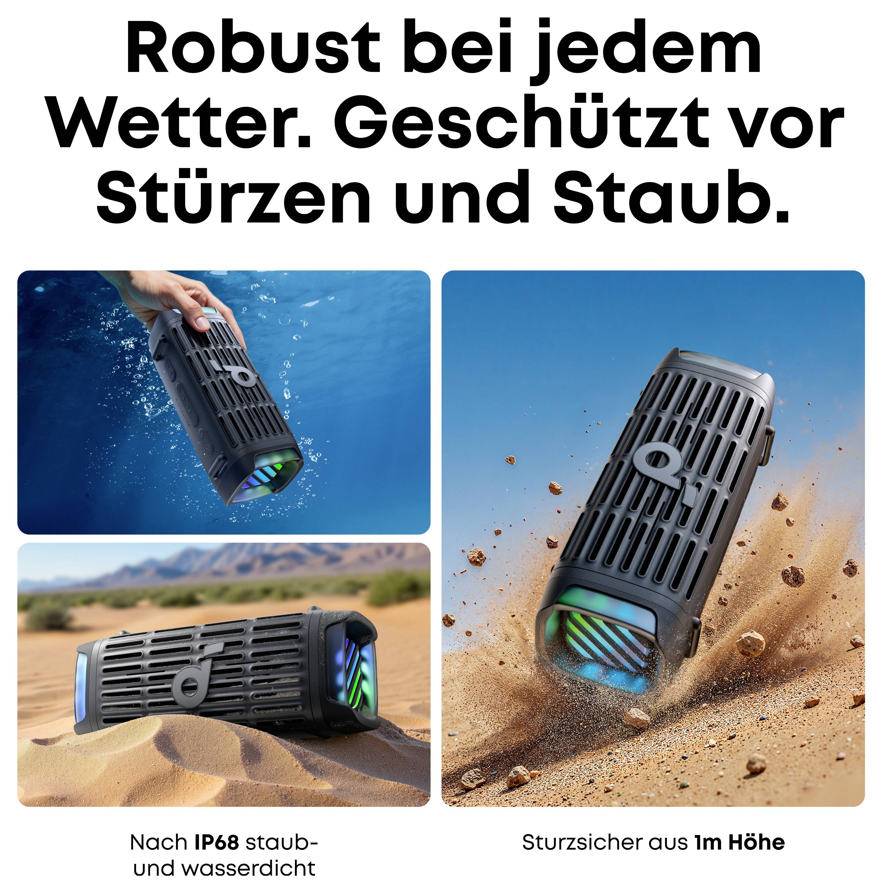 Produkt je zobrazen v testech ve vodě, písku a při nárazu, což zdůrazňuje, že je robustní za jakéhokoli počasí, odolný vůči prachu s certifikací IP68 a odolný proti pádům až z výšky 1 m.