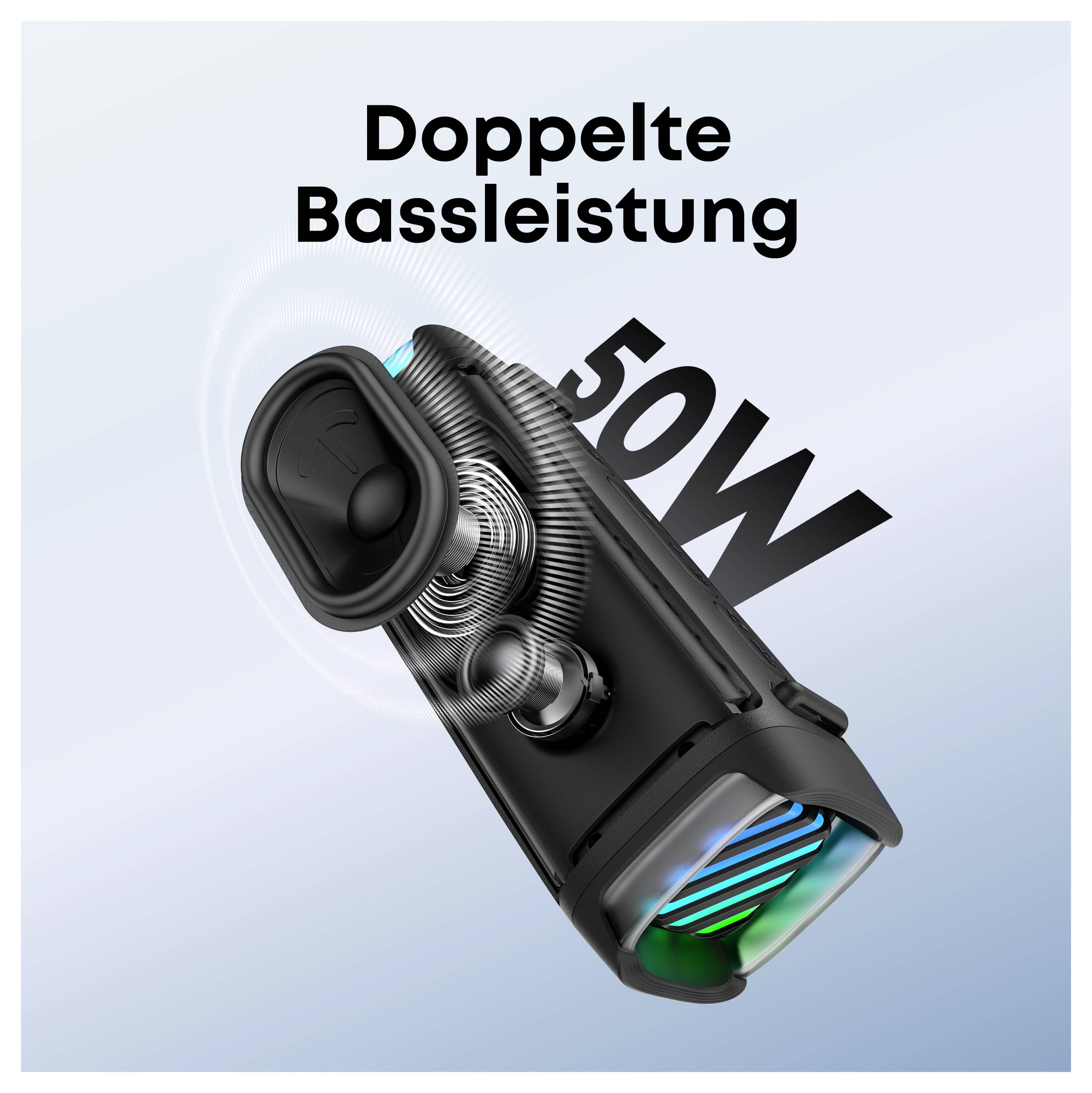 Marketingová grafika černého zařízení s označením „Doppelte Bassleistung" a „50W", zdůrazňující dvojitý basový výkon a výstupní výkon.