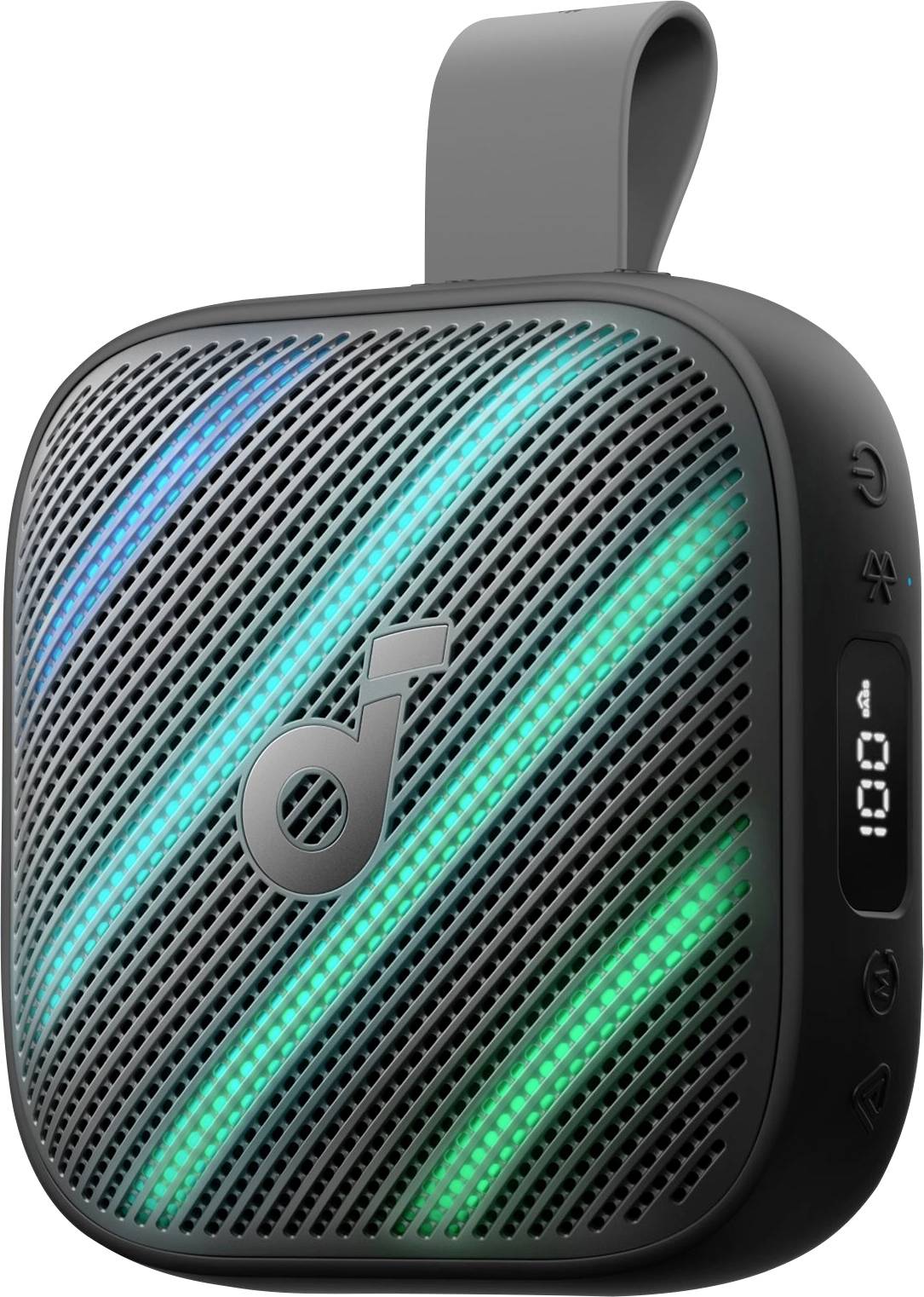 Přenosný černý reproduktor Bluetooth s páskem, perforovanou mřížkou, modrozelenými pásy světla a malým bočním displejem zobrazujícím '10:01'.