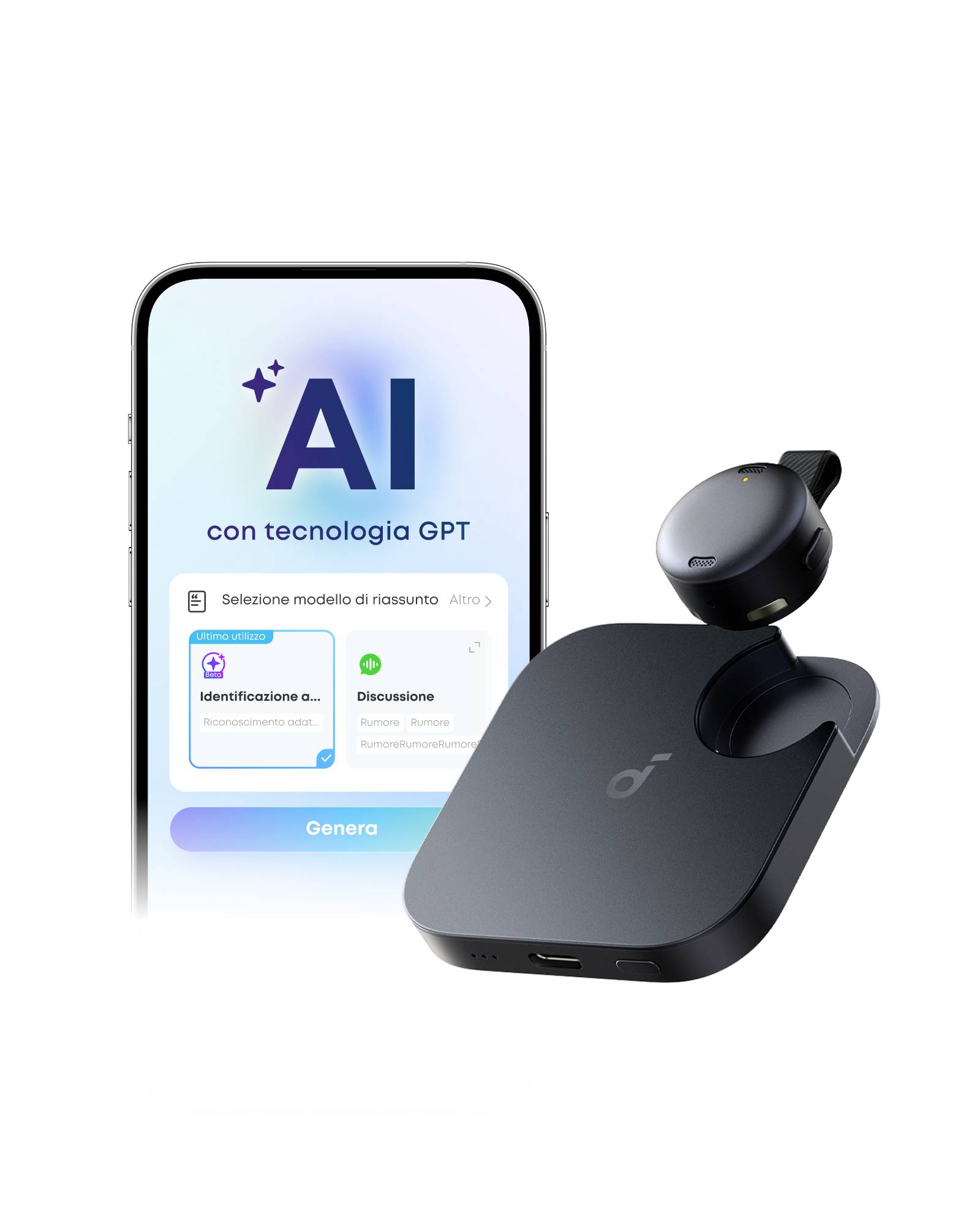 Černé bezdrátové pouzdro pro nabíjení s jedním sluchátkem před obrazovkou telefonu zobrazující aplikaci AI v italštině, včetně "AI", "con tecnologia GPT" a tlačítka "Genera".