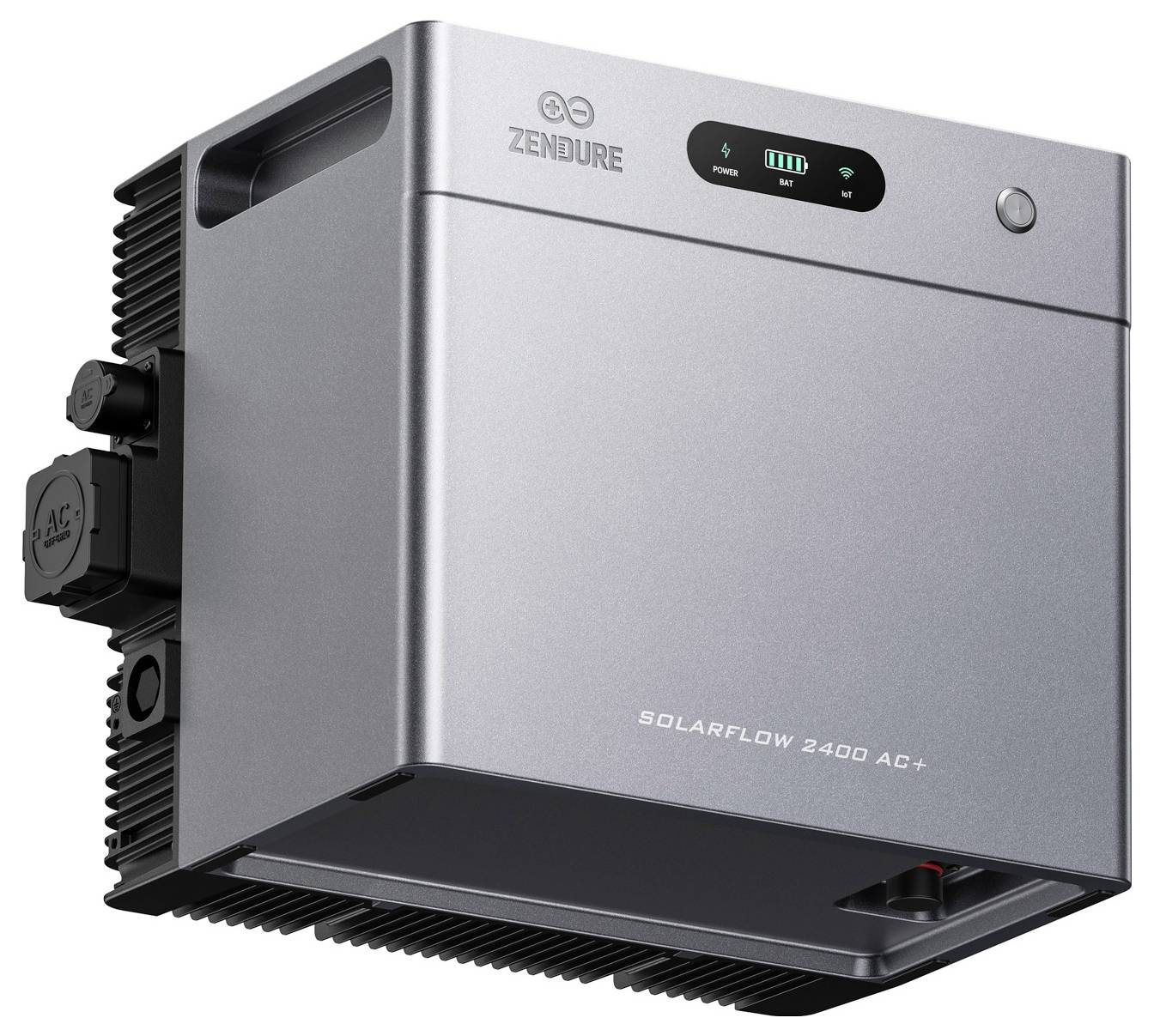 Bateriová jednotka Silver Zendure SolarFlow 2400 AC+ zobrazená v tříčtvrtinovém pohledu se stranovými porty AC, displejem stavu a tlačítkem napájení.