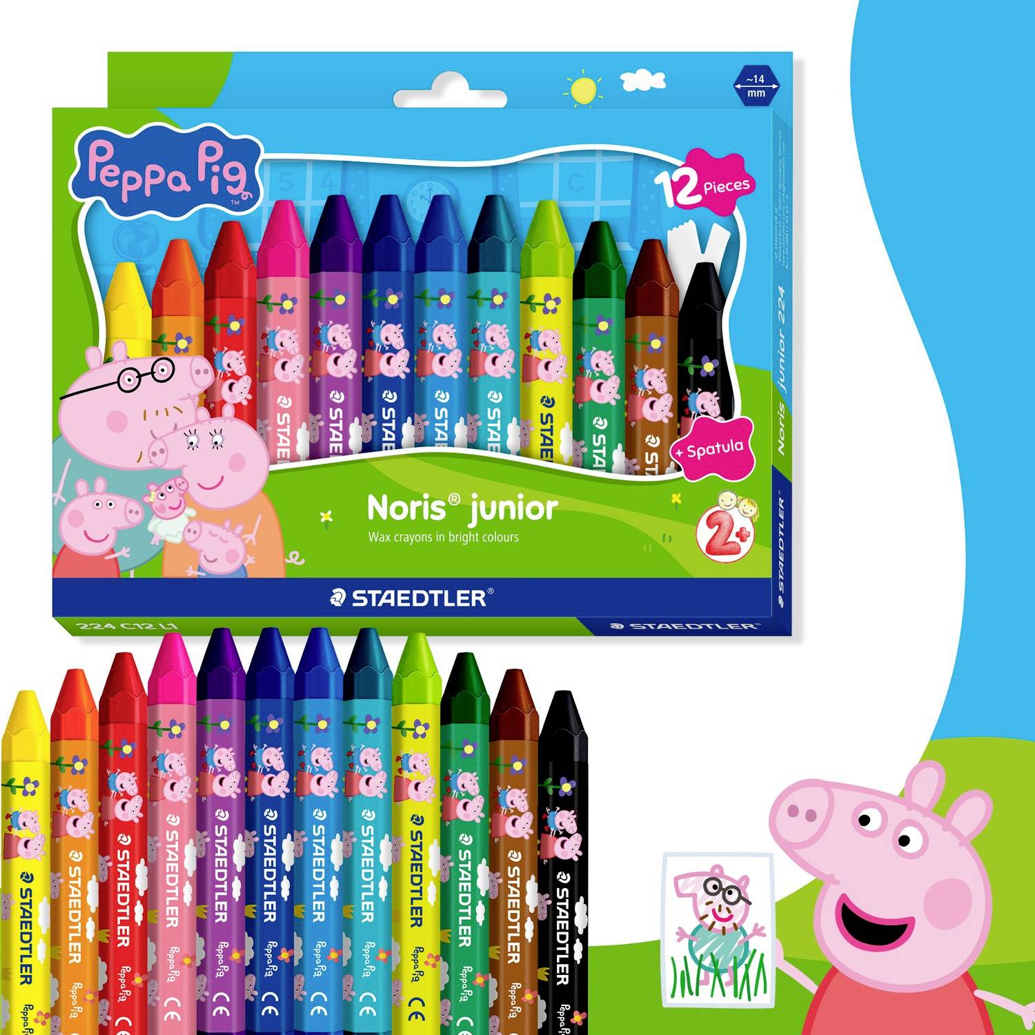 Sada pastelek STAEDTLER Noris junior s motivem Peppy Pig v balení s 12 kusy, se 12 barevnými hroty pastelek zobrazených na obal a ilustracemi Peppy na obalu.