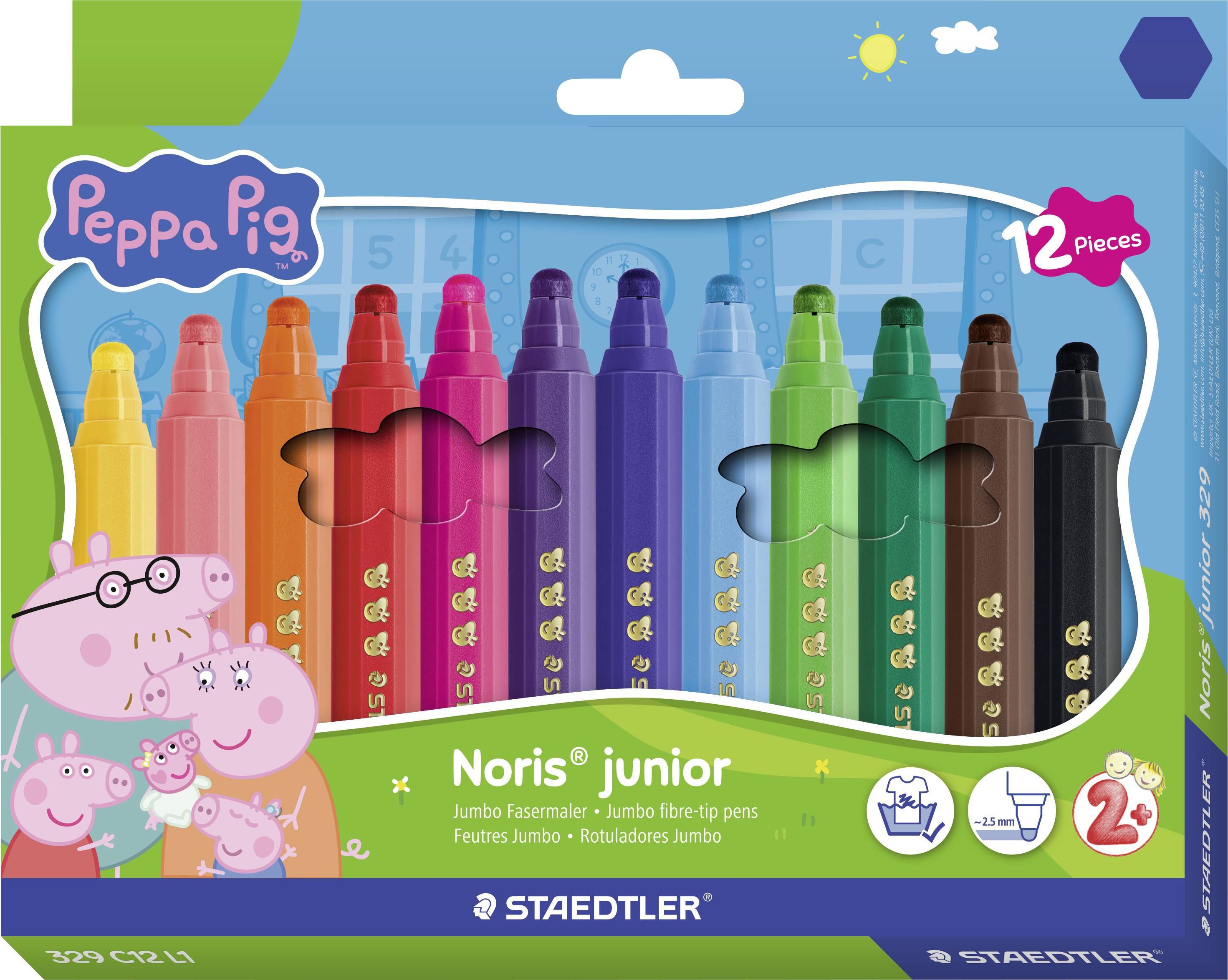 Balená sada "Peppa Pig 'Noris junior'" obsahující 12 kusů obřích vláknových fixů v různobarevném provedení pro děti od 2 let.