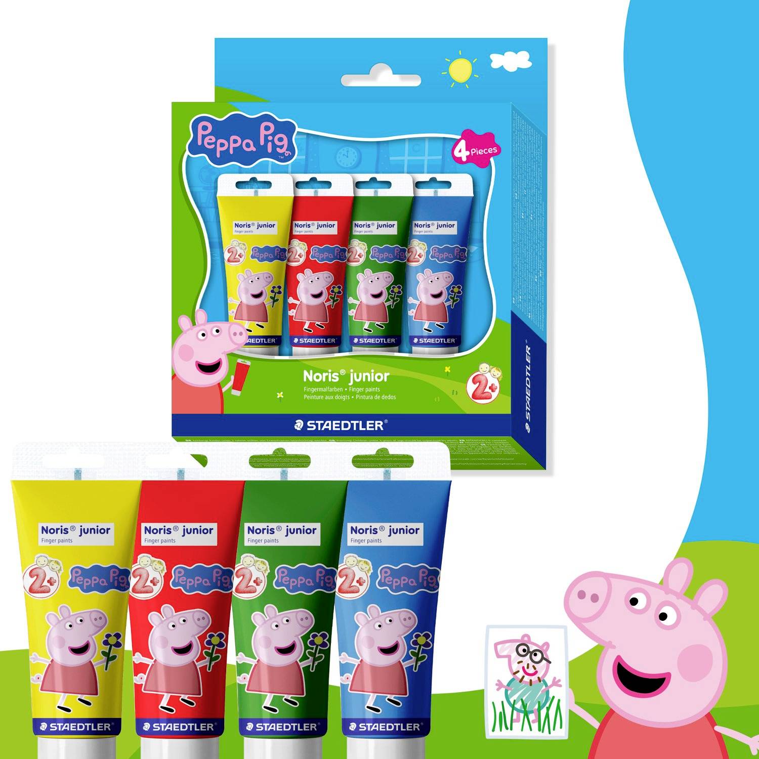 Sada 4 fixů Peppa Pig Noris junior v modrém a zeleném balení se čtyřmi barevnými fixami a ilustrací Peppy Pig.