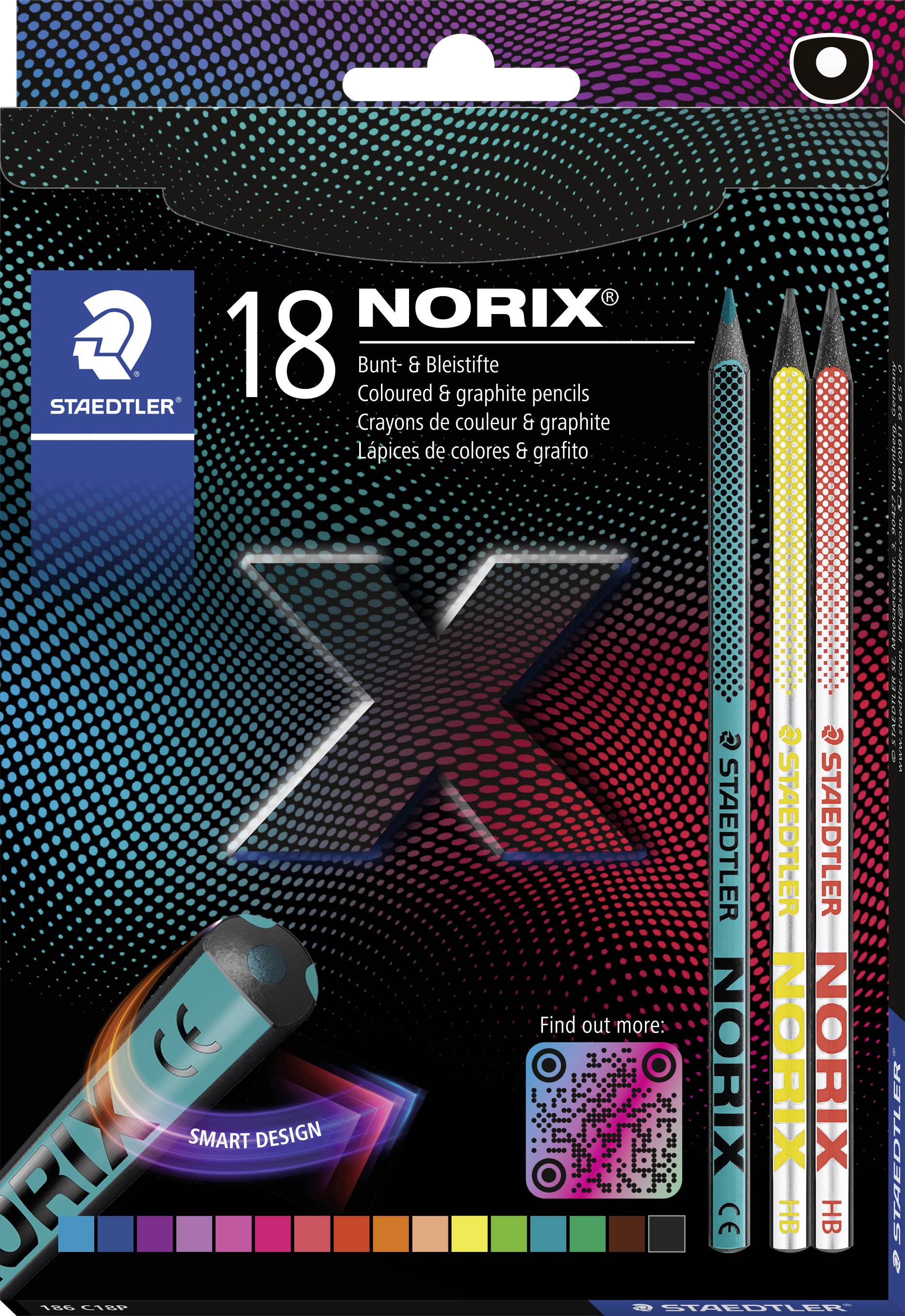 Balení tužek STAEDTLER Noris barevné grafitové tužky, 18 kusů, s třemi tužkami zobrazené na přední straně a QR kódem.
