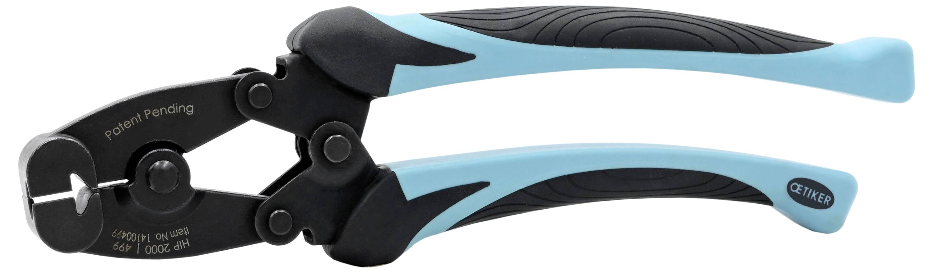 Detailní pohled na nůžky na kabely v černé a tyrkysové barvě s ergonomickými rukovětěmi, zobrazené na bílém pozadí.