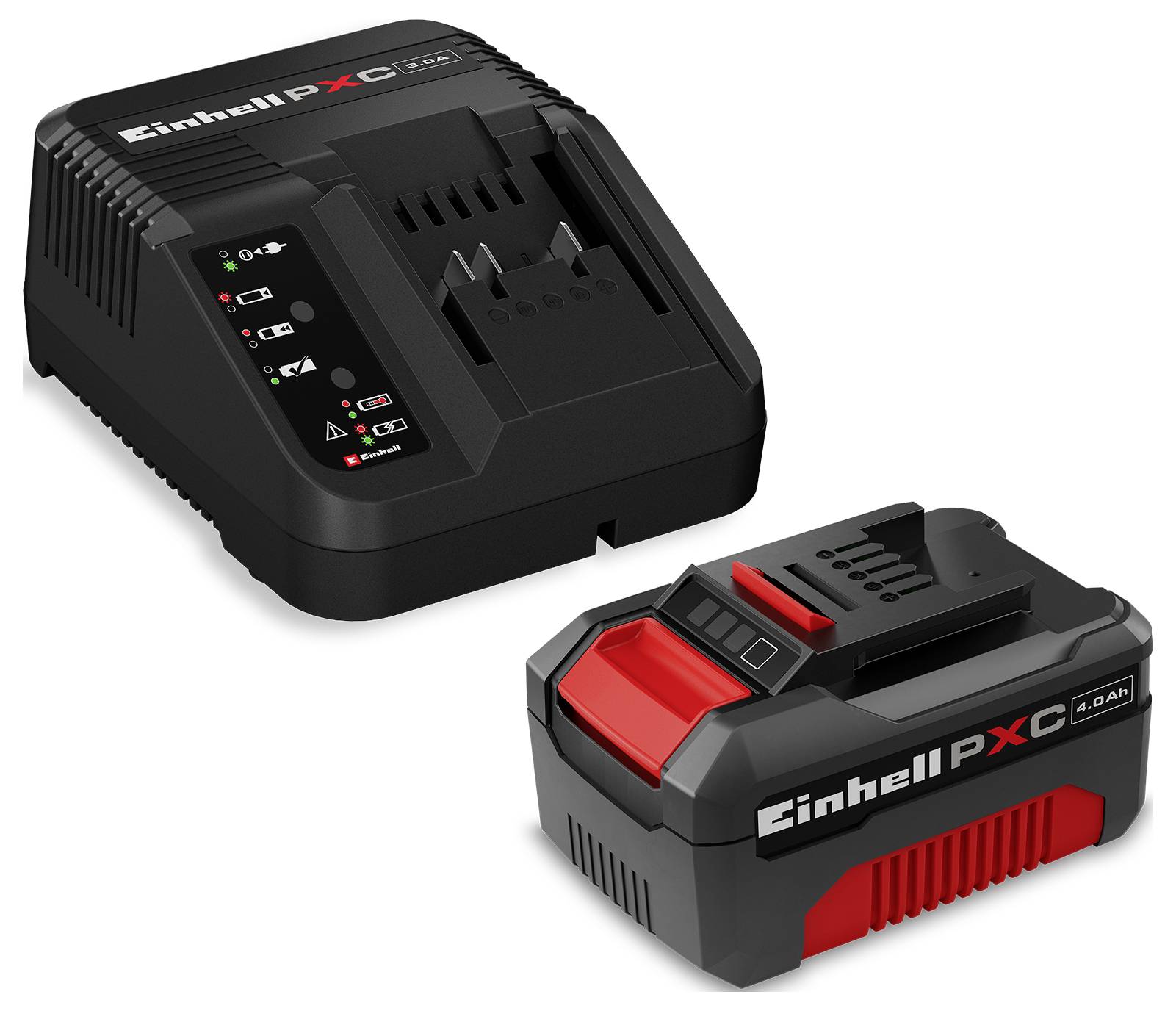 Nabíječka baterie Einhell Power X-Change a sada lithium-iontové baterie 4.0Ah na bílém pozadí.